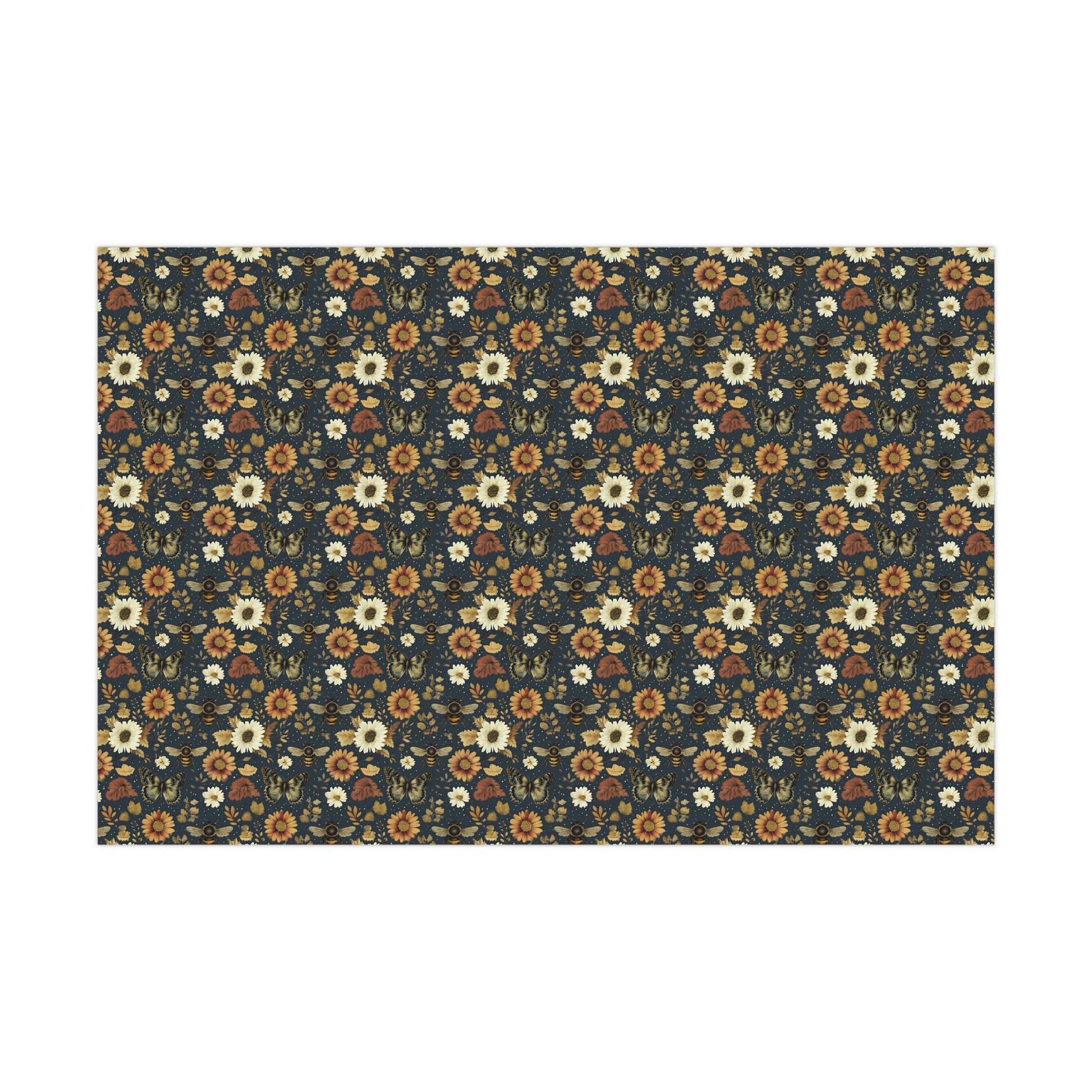 Gift Wrap Papers - Golden Butterflies and Bees with Autumn Flowers, Blue Background, Wrapping Paper, Craft Supplies, Gift Packaging, Party
