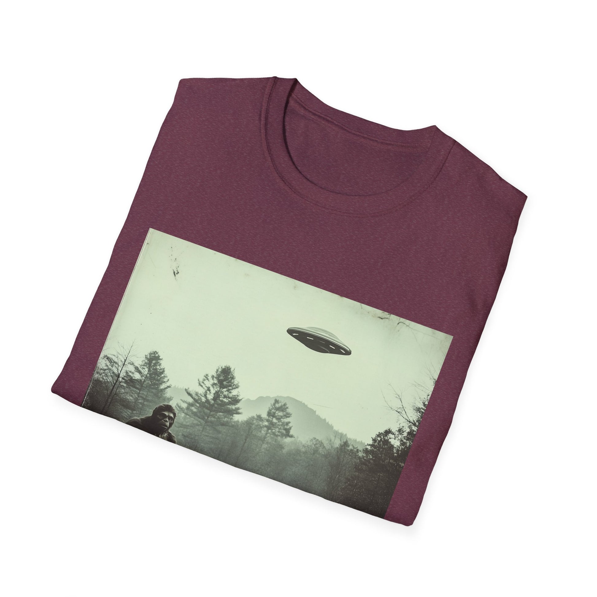 Bigfoot & UFO Unisex T-Shirt, Sasquatch Alien Tee, Cryptid Spaceship Shirt, Extraterrestrial Fantasy Clothing, Funny Yeti Top