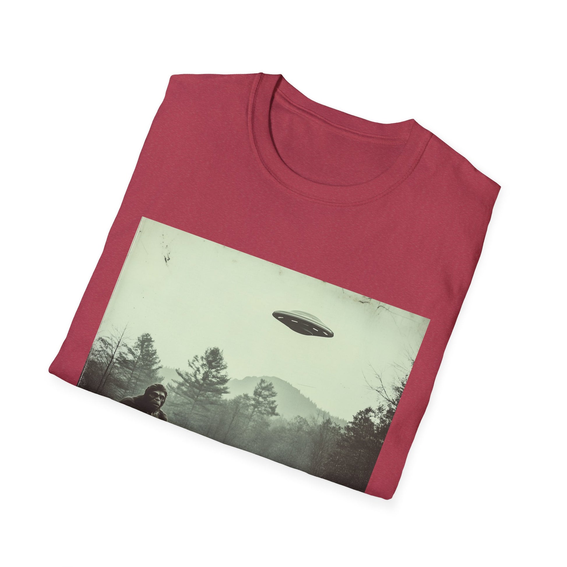 Bigfoot & UFO Unisex T-Shirt, Sasquatch Alien Tee, Cryptid Spaceship Shirt, Extraterrestrial Fantasy Clothing, Funny Yeti Top