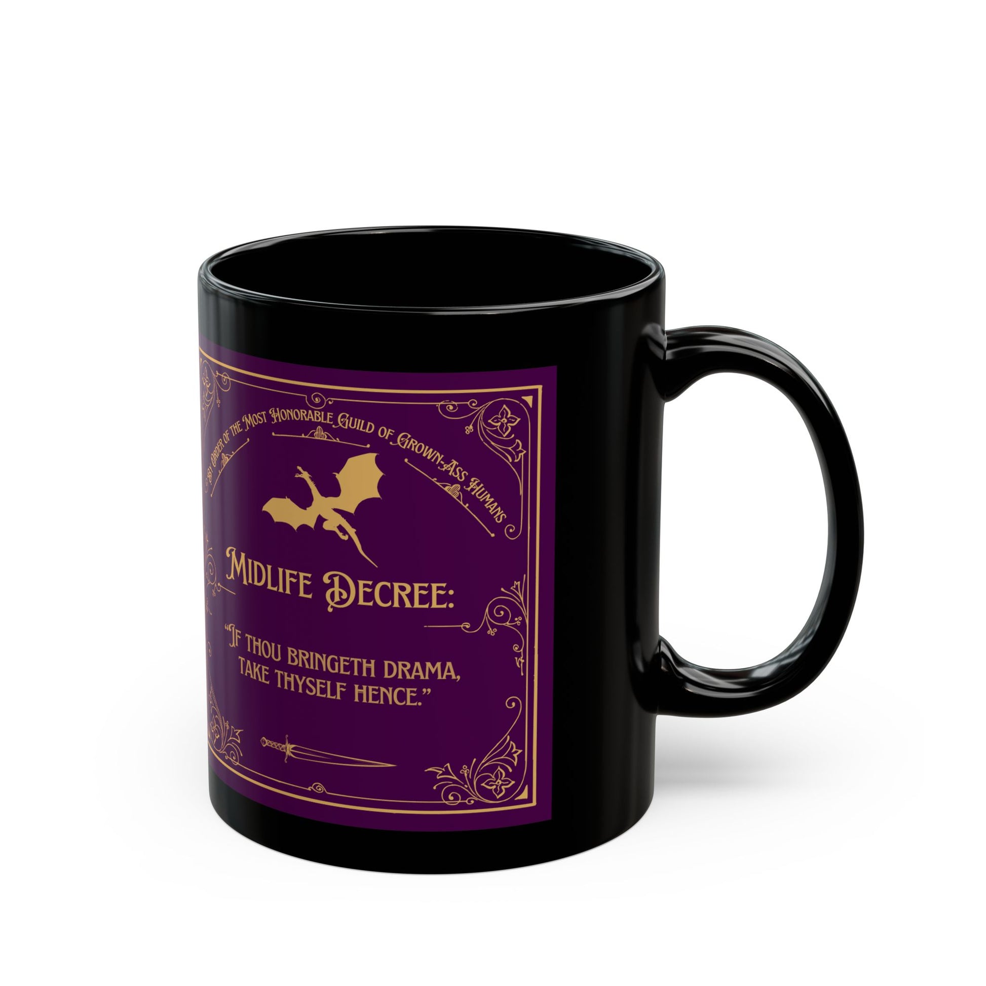 Midlife Decree Black Mug - Perfect for Drama-Free Sipping | Funny Gift for Birthdays and Celebrations