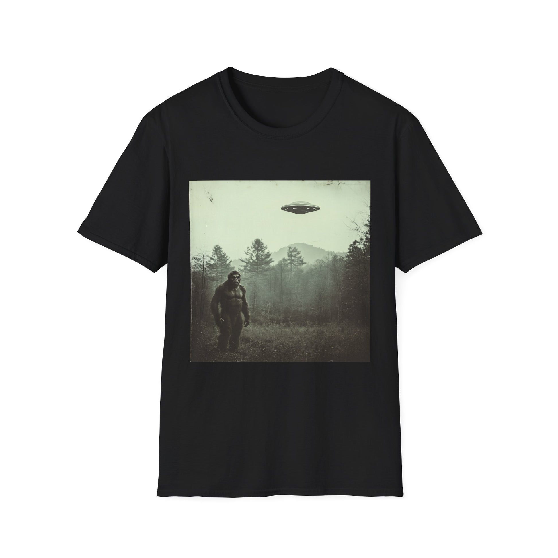 Bigfoot & UFO Unisex T-Shirt, Sasquatch Alien Tee, Cryptid Spaceship Shirt, Extraterrestrial Fantasy Clothing, Funny Yeti Top
