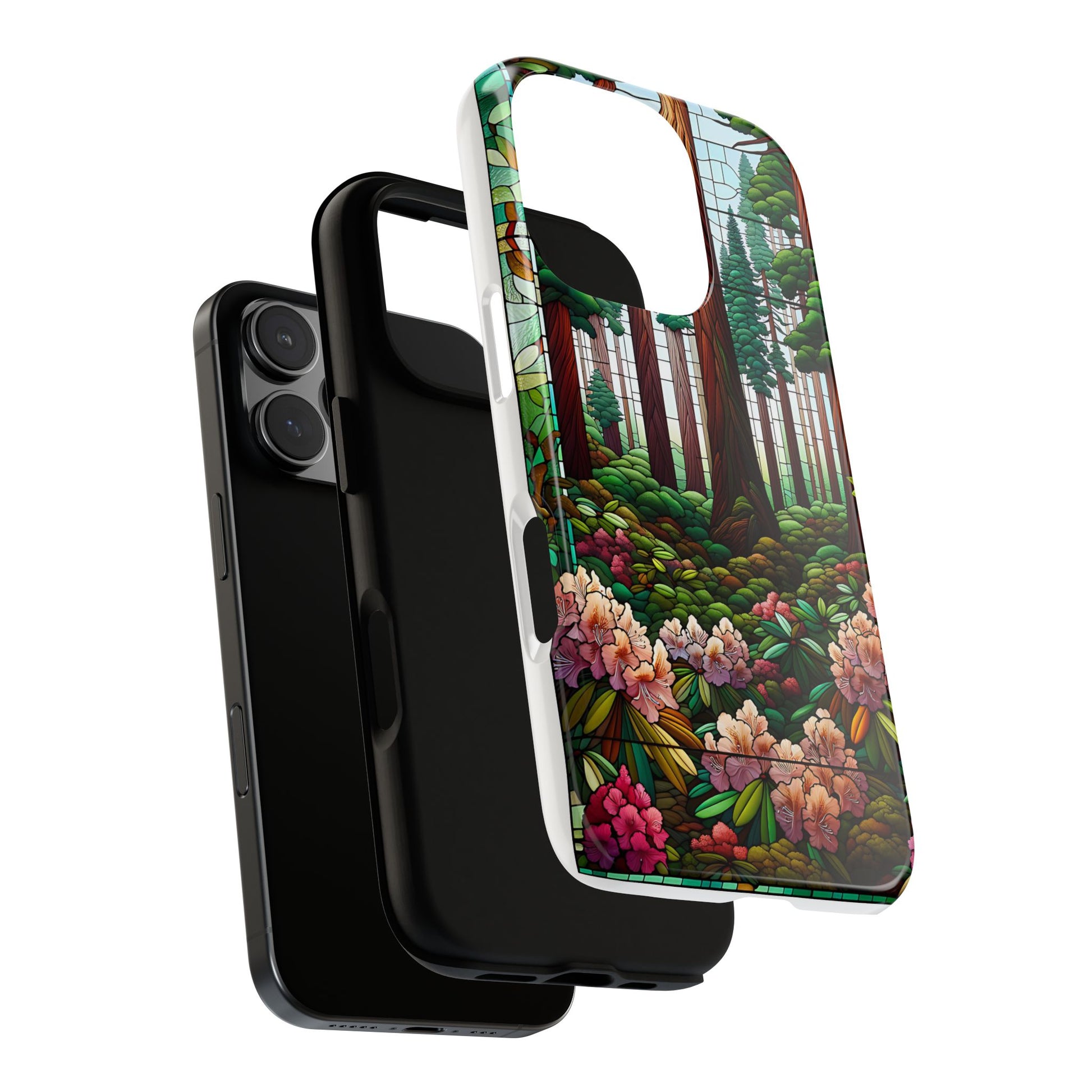 Nature Inspired Tough Cases - Redwood Trees & Rhododendrons Stained Glass iPhone Cover, Protective Phone Shell, Unique Samsung Galaxy Case,