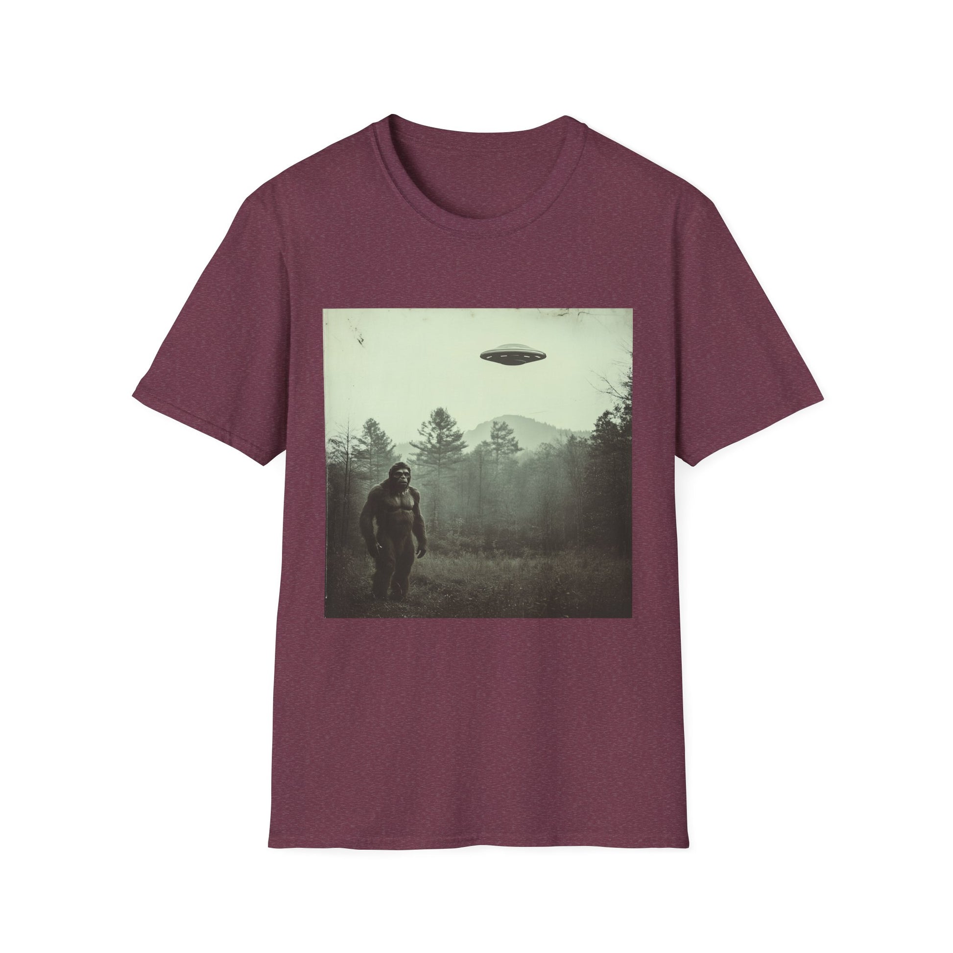 Bigfoot & UFO Unisex T-Shirt, Sasquatch Alien Tee, Cryptid Spaceship Shirt, Extraterrestrial Fantasy Clothing, Funny Yeti Top