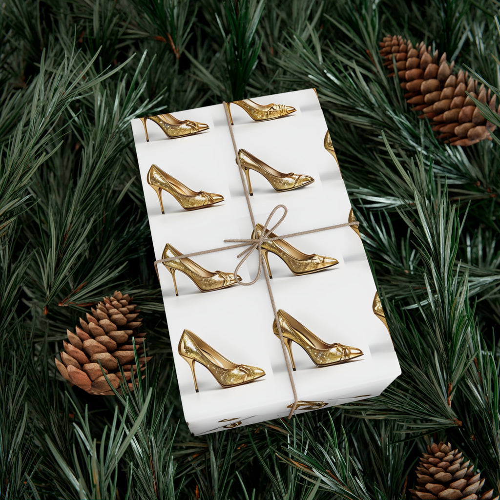Wrapping Paper, Glimmering Gold High Heels On White Background - Gift Wrap Rolls, Eco-Friendly Gift Wrap, Holiday