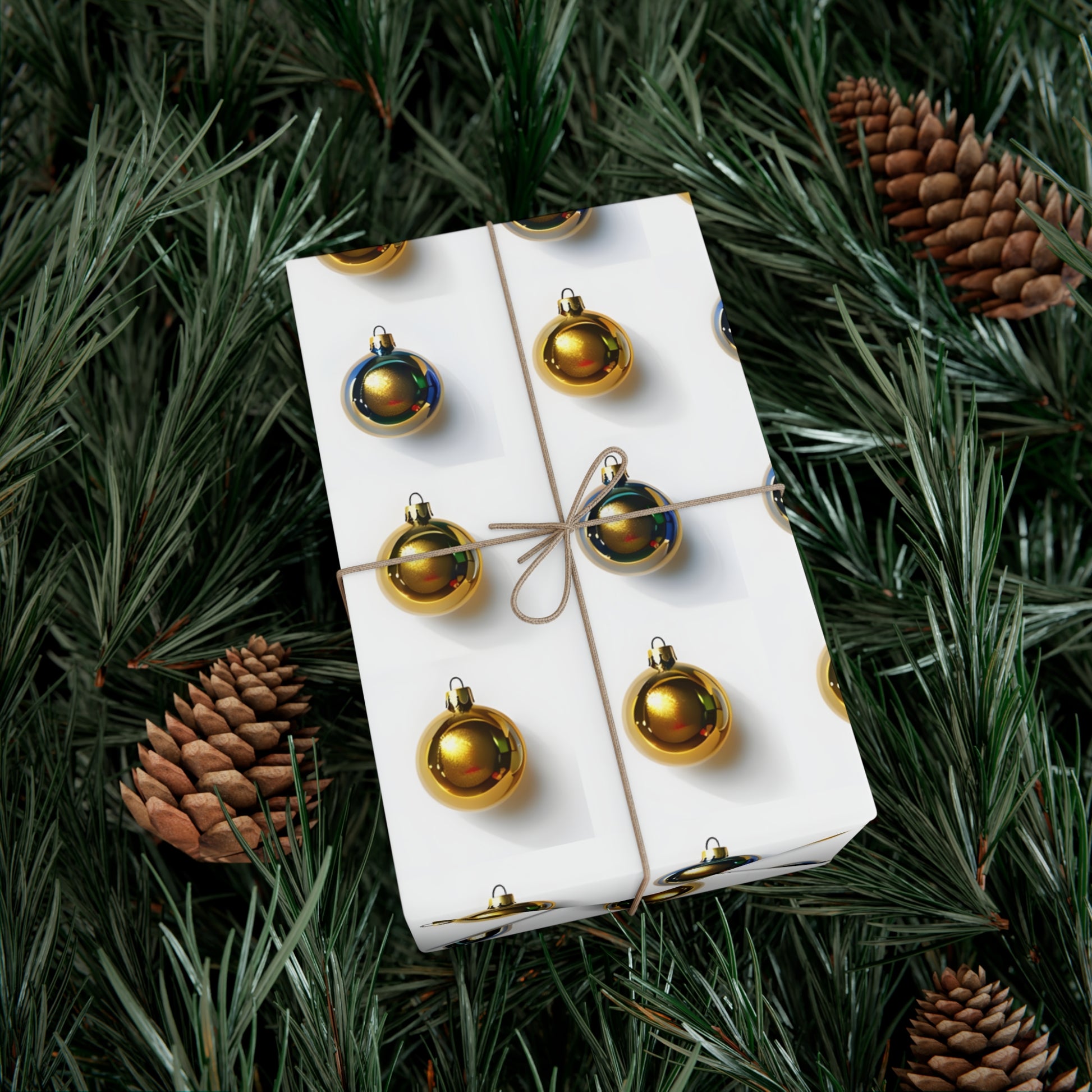 Wrapping Paper, Gold Christmas Ornaments On White Background - Gift Wrap Rolls, Eco-Friendly Gift Wrap, Holiday