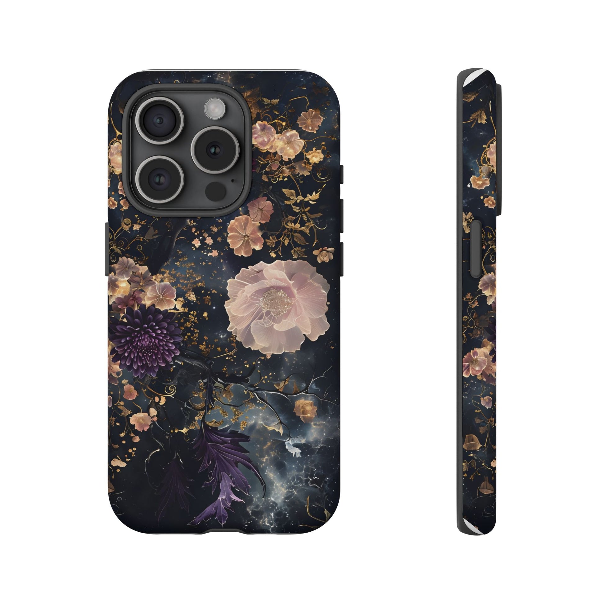 Phone Case, Whimsical Floral Pattern Against Cosmic Nebulous Background. Galaxy, Space, Tough Protective Cover, Unique Gift, Trendy