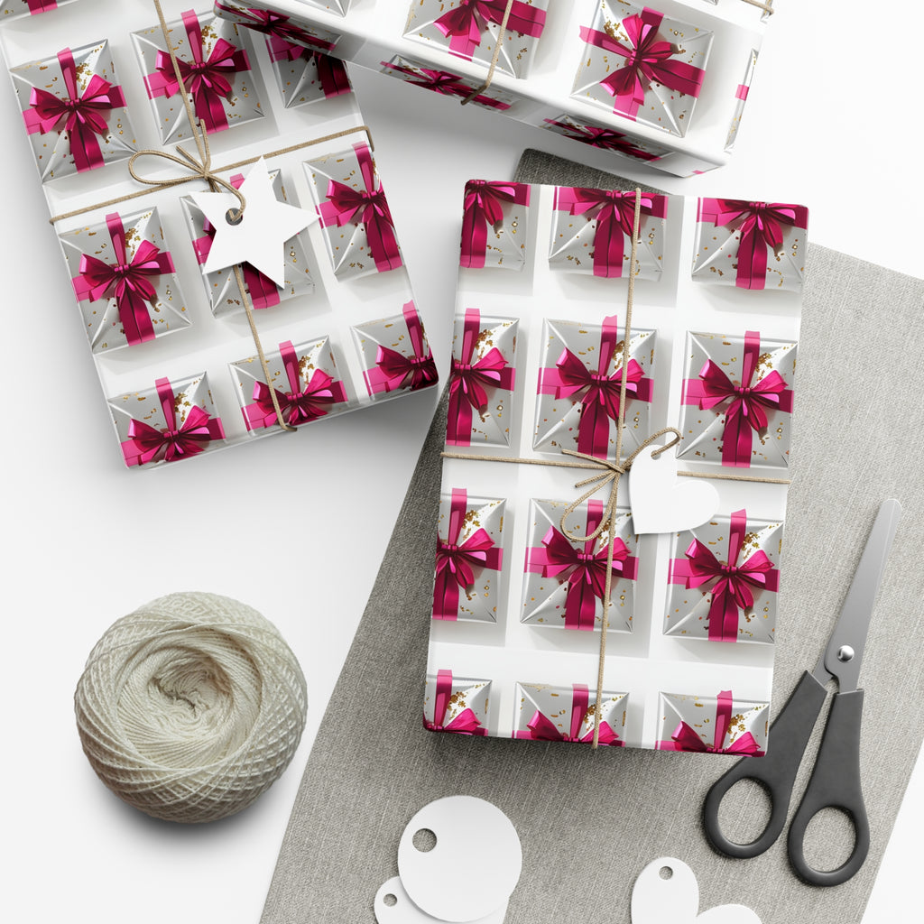 Wrapping Paper, Elegantly Wrapped Gifts On White Background with Hot Pink Bows - Gift Wrap Rolls, Eco-Friendly Gift Wrap, Holiday