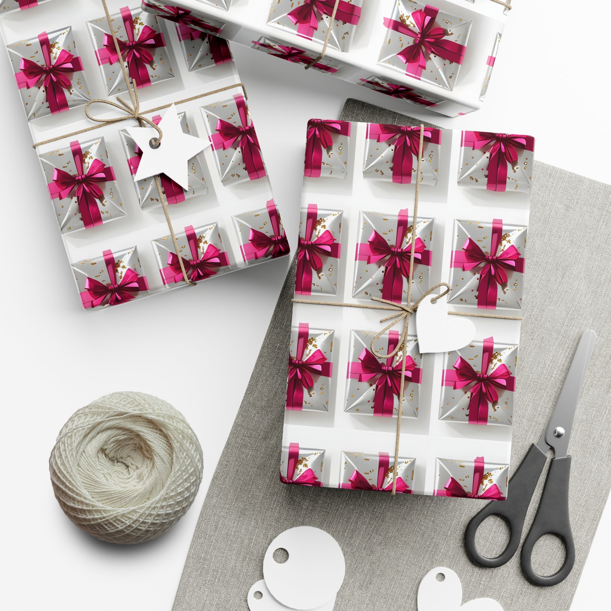 Wrapping Paper, Elegantly Wrapped Gifts On White Background with Hot Pink Bows - Gift Wrap Rolls, Eco-Friendly Gift Wrap, Holiday