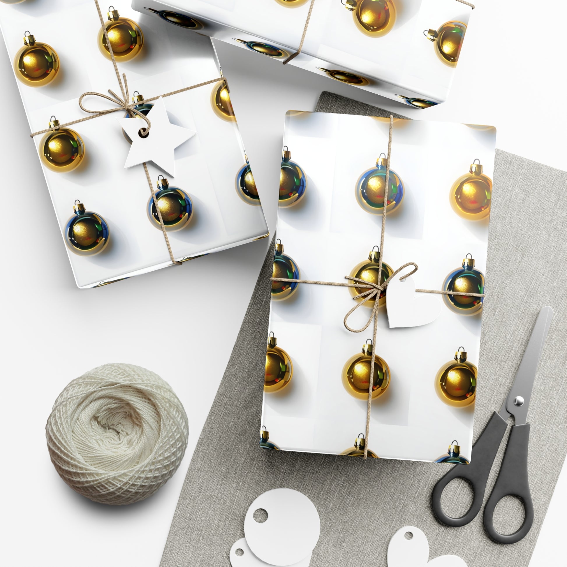 Wrapping Paper, Gold Christmas Ornaments On White Background - Gift Wrap Rolls, Eco-Friendly Gift Wrap, Holiday