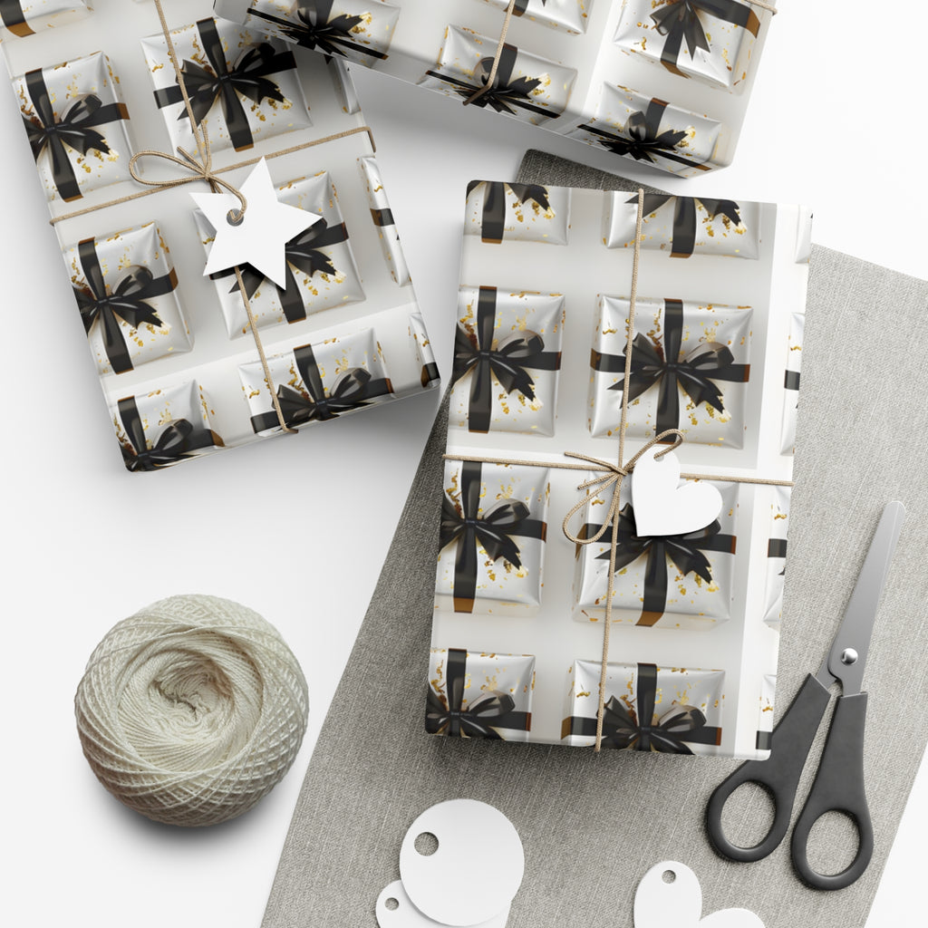 Wrapping Paper, Elegantly Wrapped Gifts On White Background with Black Bows - Gift Wrap Rolls, Eco-Friendly Gift Wrap, Holiday