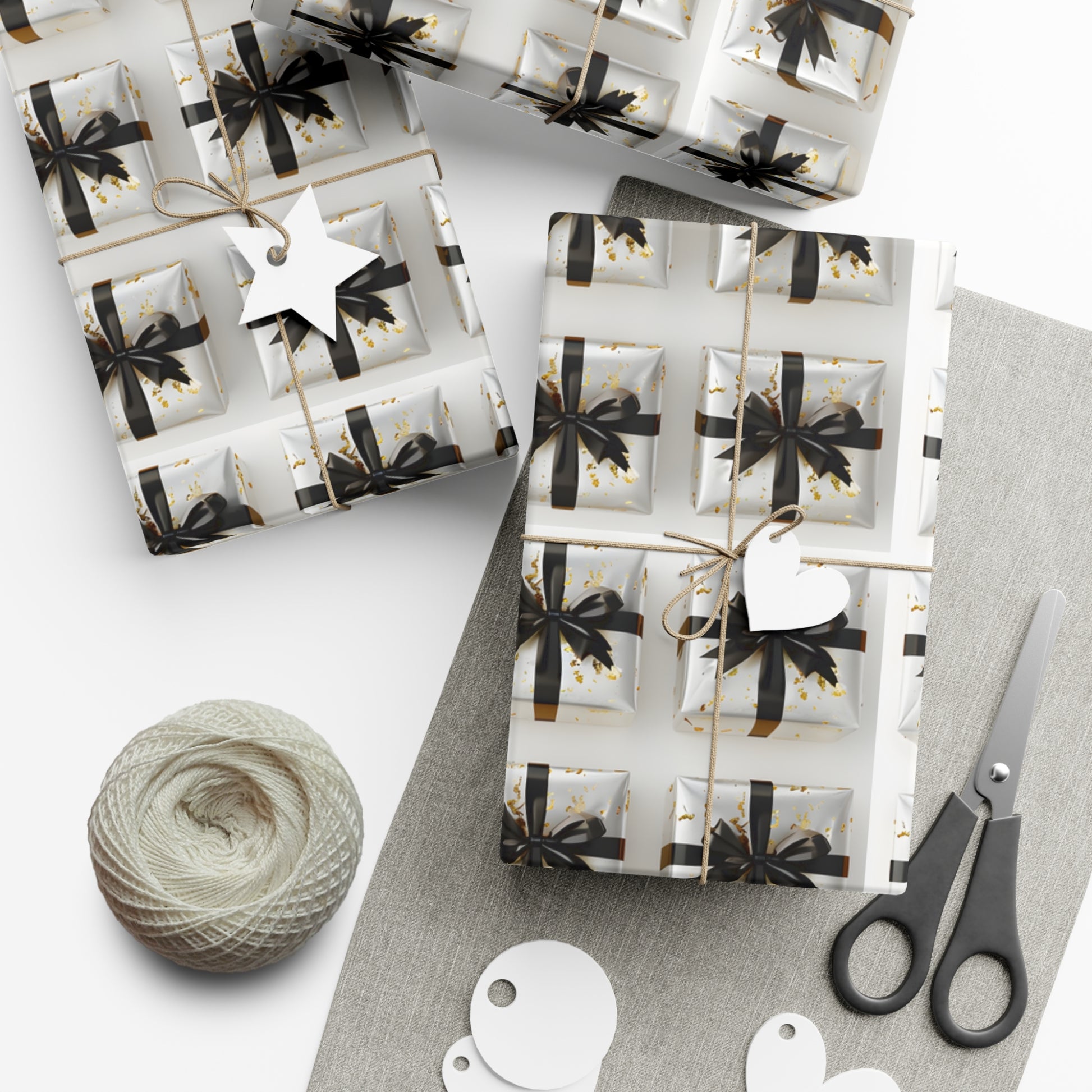 Wrapping Paper, Elegantly Wrapped Gifts On White Background with Black Bows - Gift Wrap Rolls, Eco-Friendly Gift Wrap, Holiday