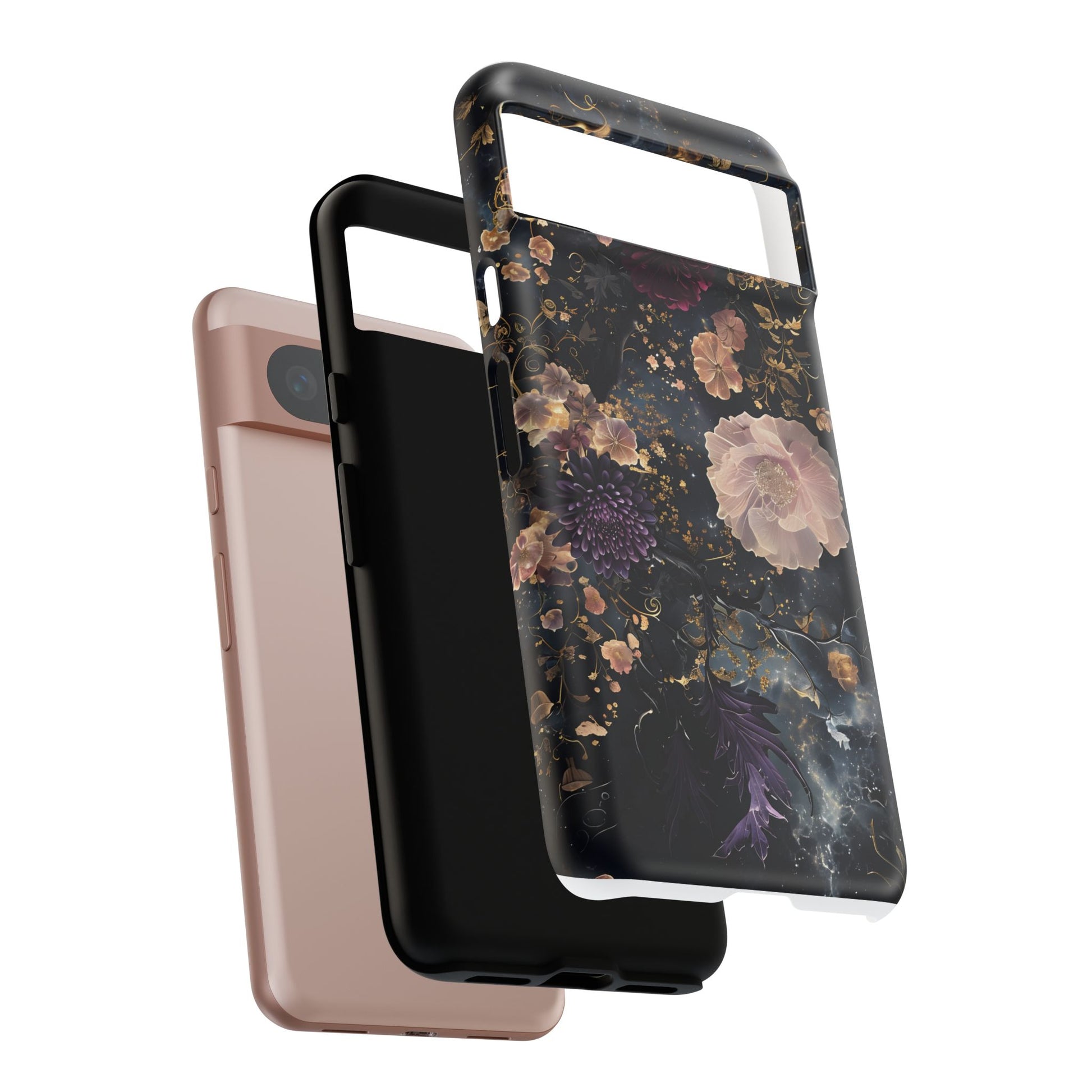 Phone Case, Whimsical Floral Pattern Against Cosmic Nebulous Background. Galaxy, Space, Tough Protective Cover, Unique Gift, Trendy