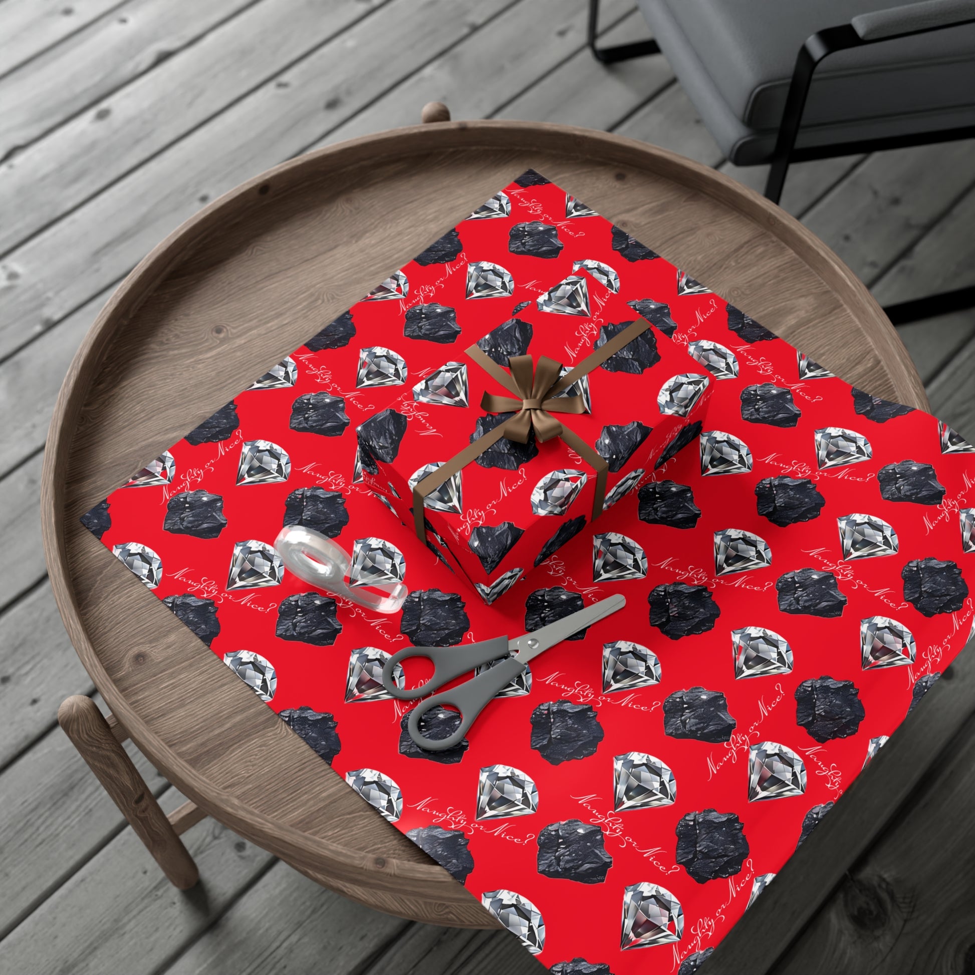 Wrapping Paper, Naughty or Nice Diamonds and Coal on Red Background - Gift Wrap Rolls, Eco-Friendly, Holiday, Christmas Gifts