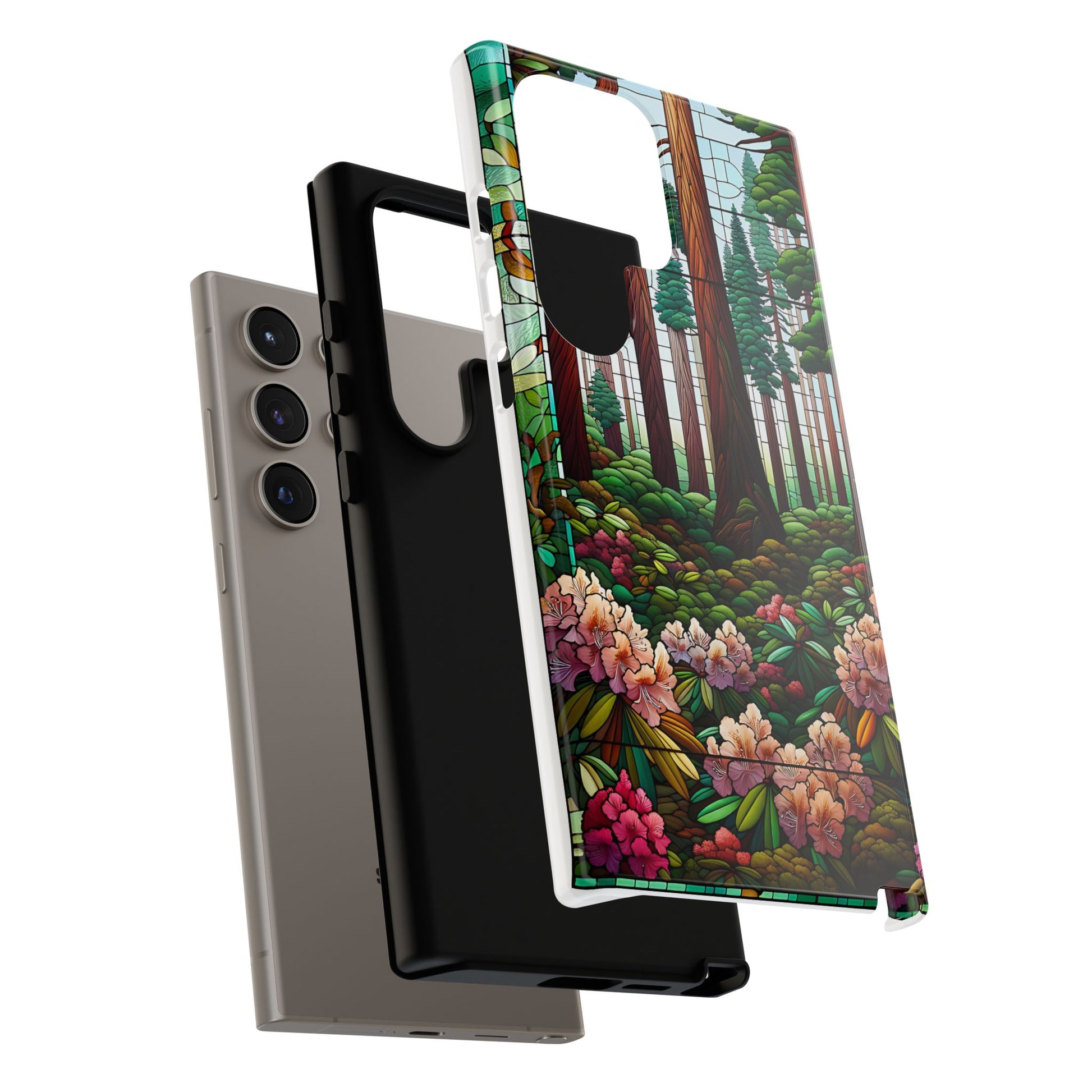 Nature Inspired Tough Cases - Redwood Trees & Rhododendrons Stained Glass iPhone Cover, Protective Phone Shell, Unique Samsung Galaxy Case,