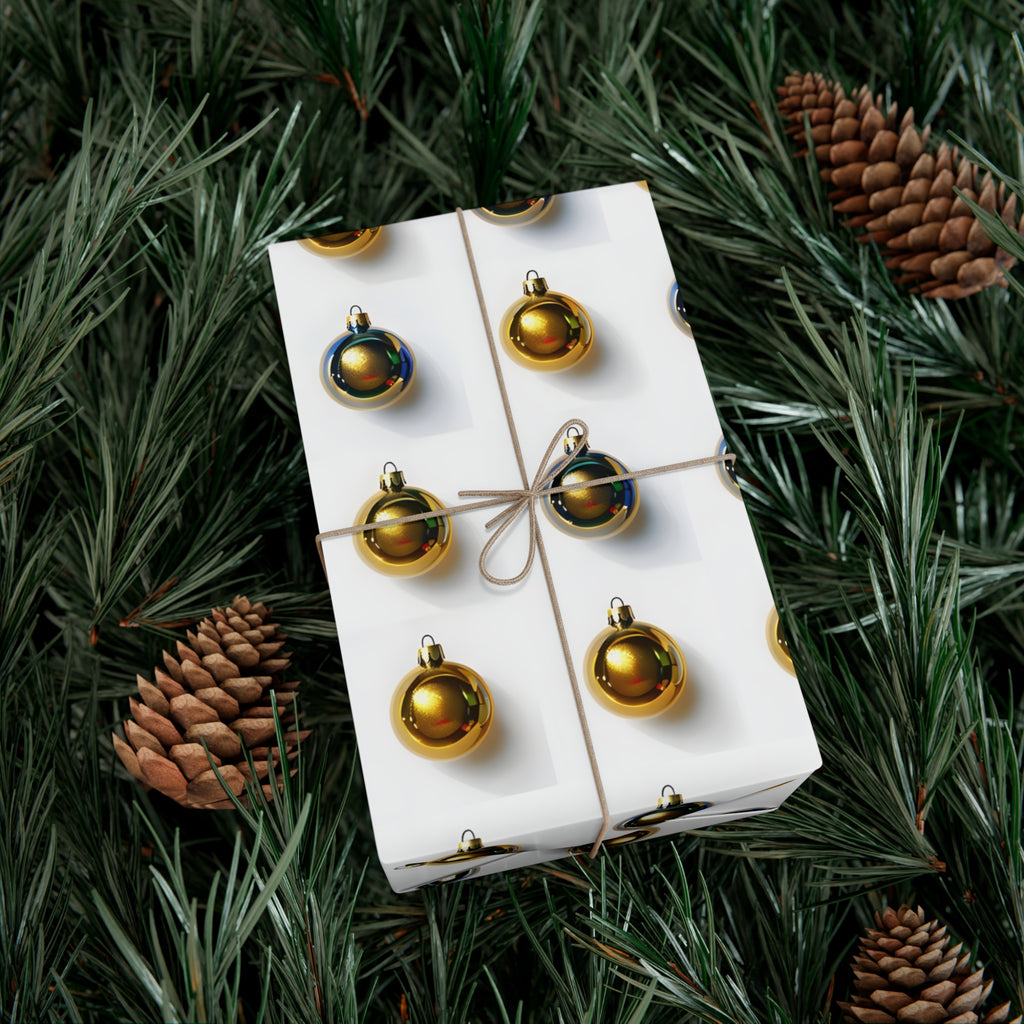 Wrapping Paper, Gold Christmas Ornaments On White Background - Gift Wrap Rolls, Eco-Friendly Gift Wrap, Holiday