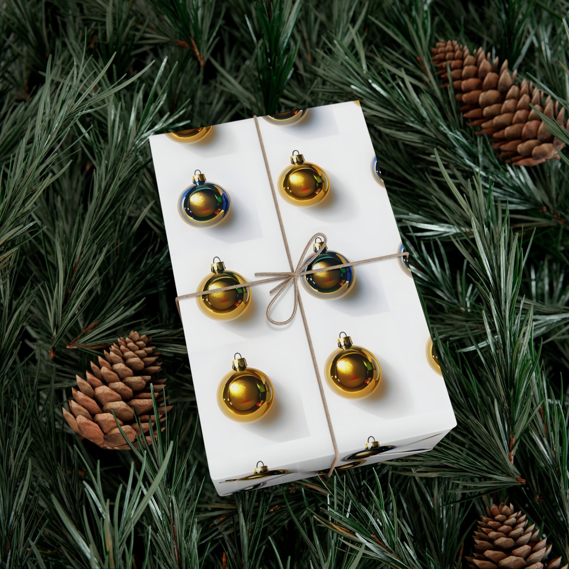 Wrapping Paper, Gold Christmas Ornaments On White Background - Gift Wrap Rolls, Eco-Friendly Gift Wrap, Holiday