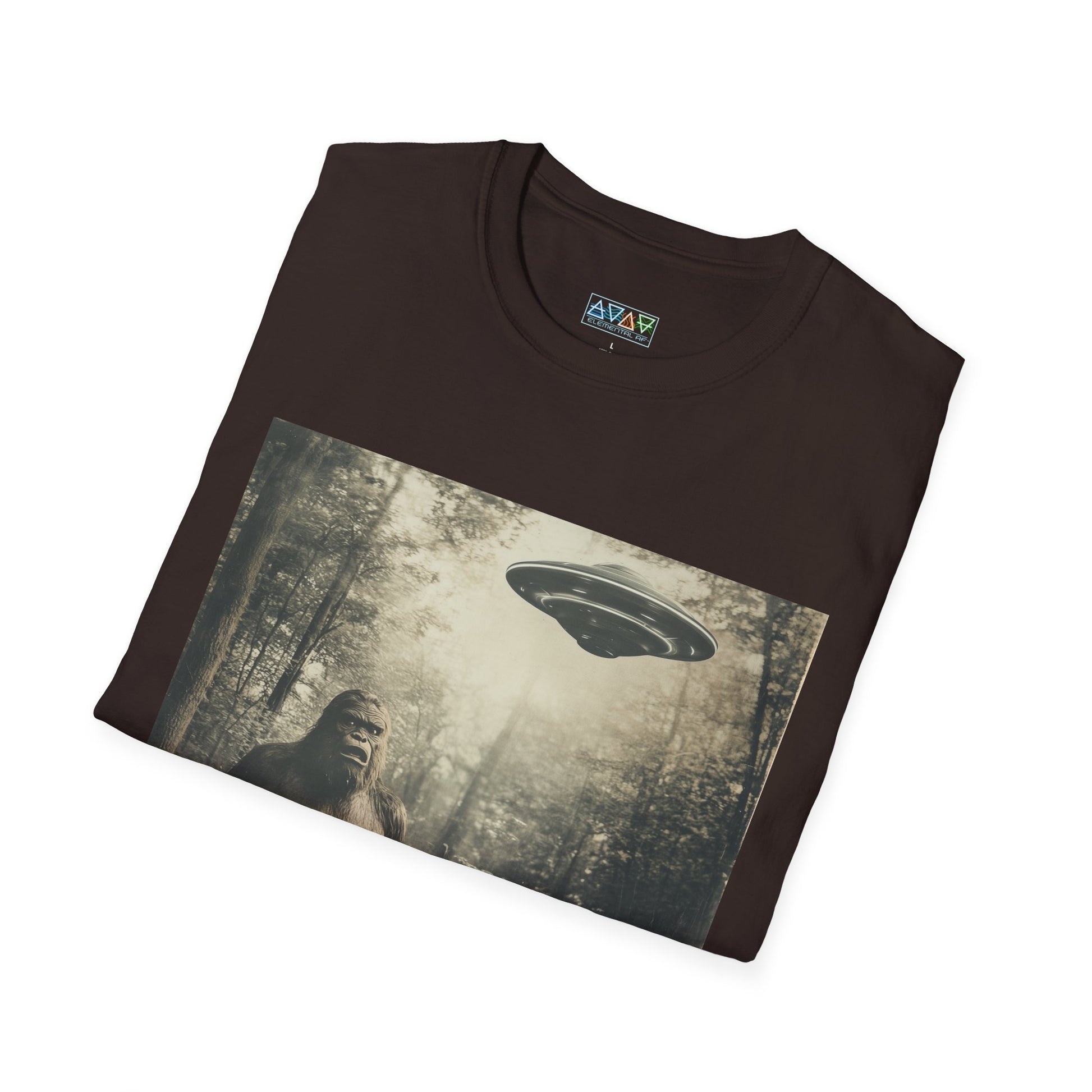 Bigfoot and UFO Unisex T-Shirt, Fun Graphic Tee for Nature Lovers, Quirky Gift for Campers, Outdoor Adventure Apparel