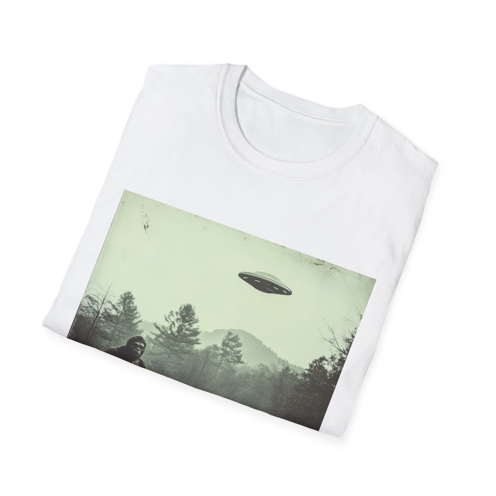 Bigfoot & UFO Unisex T-Shirt, Sasquatch Alien Tee, Cryptid Spaceship Shirt, Extraterrestrial Fantasy Clothing, Funny Yeti Top