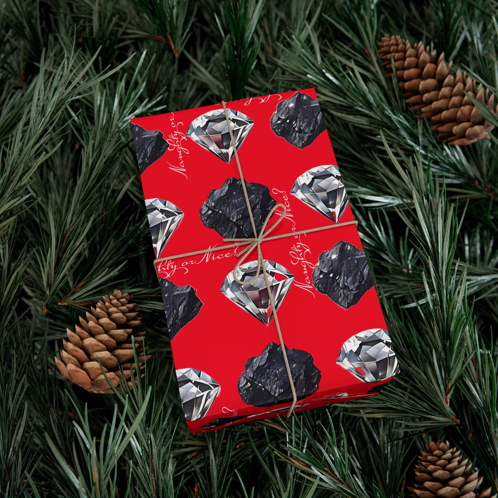 Wrapping Paper, Naughty or Nice Diamonds and Coal on Red Background - Gift Wrap Rolls, Eco-Friendly, Holiday, Christmas Gifts