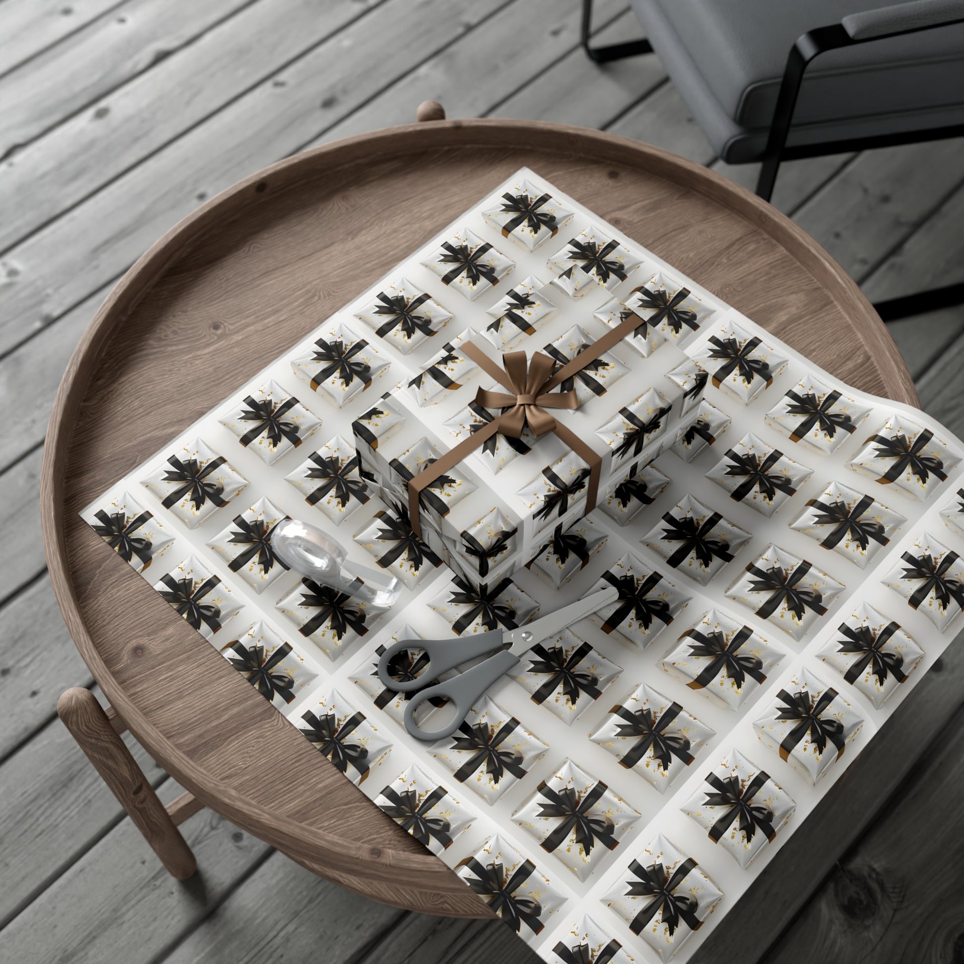 Wrapping Paper, Elegantly Wrapped Gifts On White Background with Black Bows - Gift Wrap Rolls, Eco-Friendly Gift Wrap, Holiday