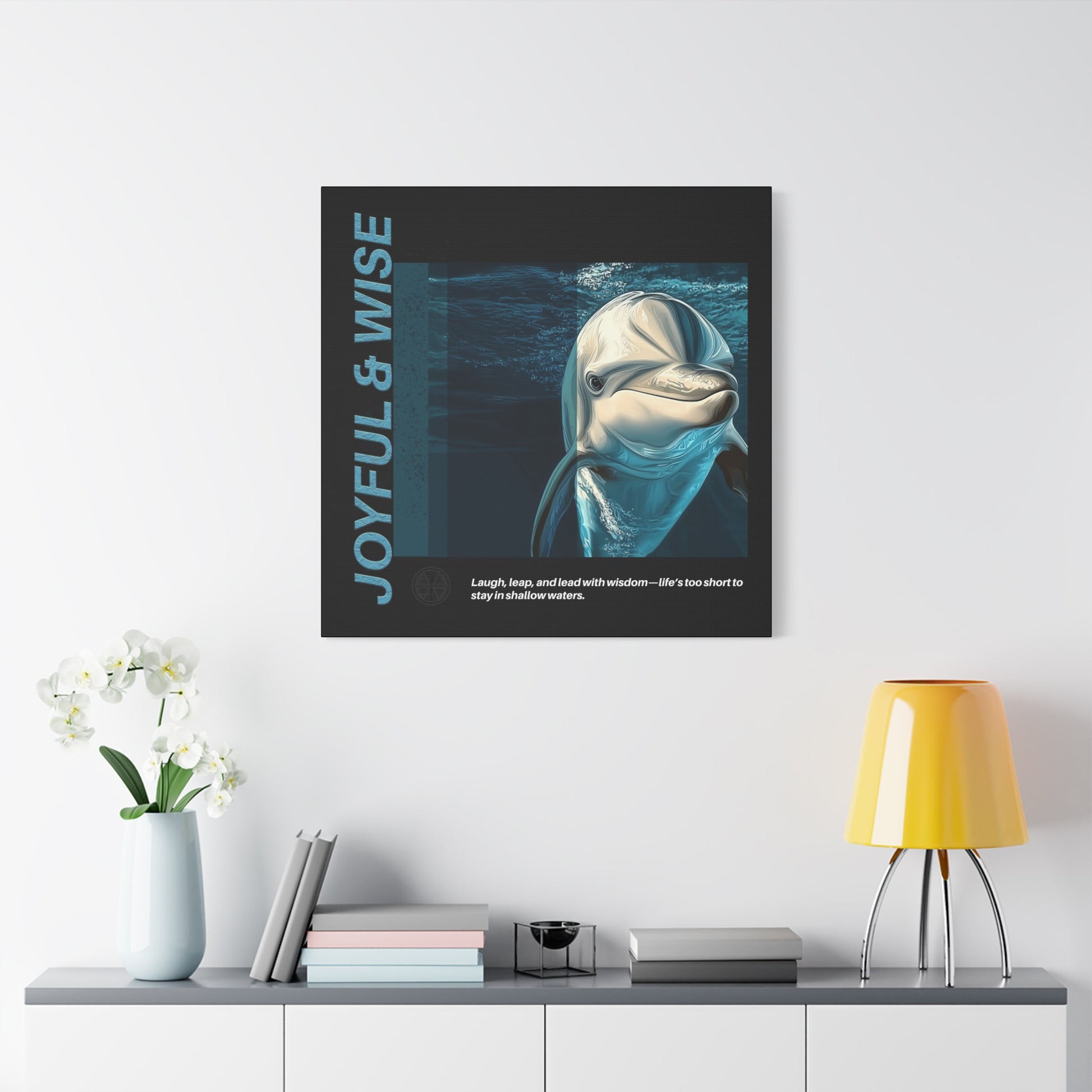 Inspirational Dolphin Canvas Art, Joyful & Wise Wall Decor, Motivational Home Decor, Ocean-Themed Gift, Abstract Animal Artwork, Nautical