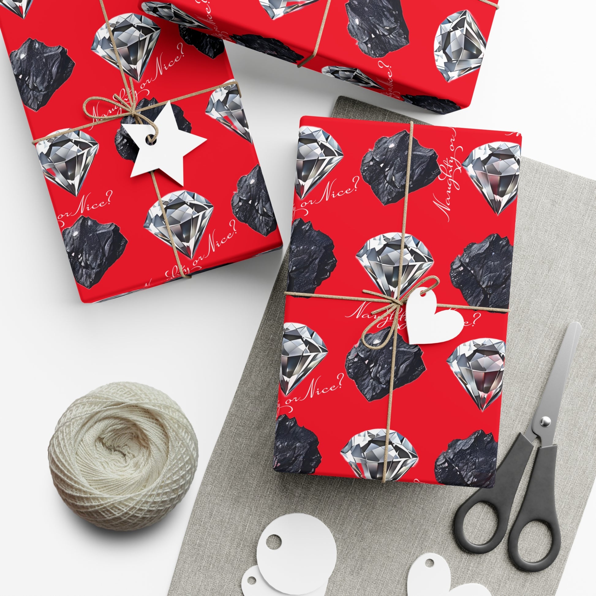 Wrapping Paper, Naughty or Nice Diamonds and Coal on Red Background - Gift Wrap Rolls, Eco-Friendly, Holiday, Christmas Gifts