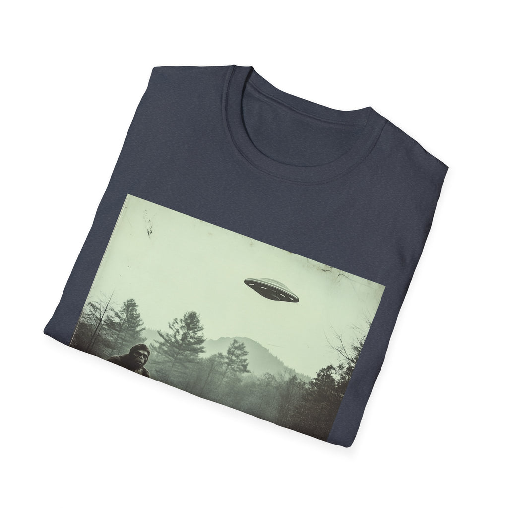 Bigfoot & UFO Unisex T-Shirt, Sasquatch Alien Tee, Cryptid Spaceship Shirt, Extraterrestrial Fantasy Clothing, Funny Yeti Top