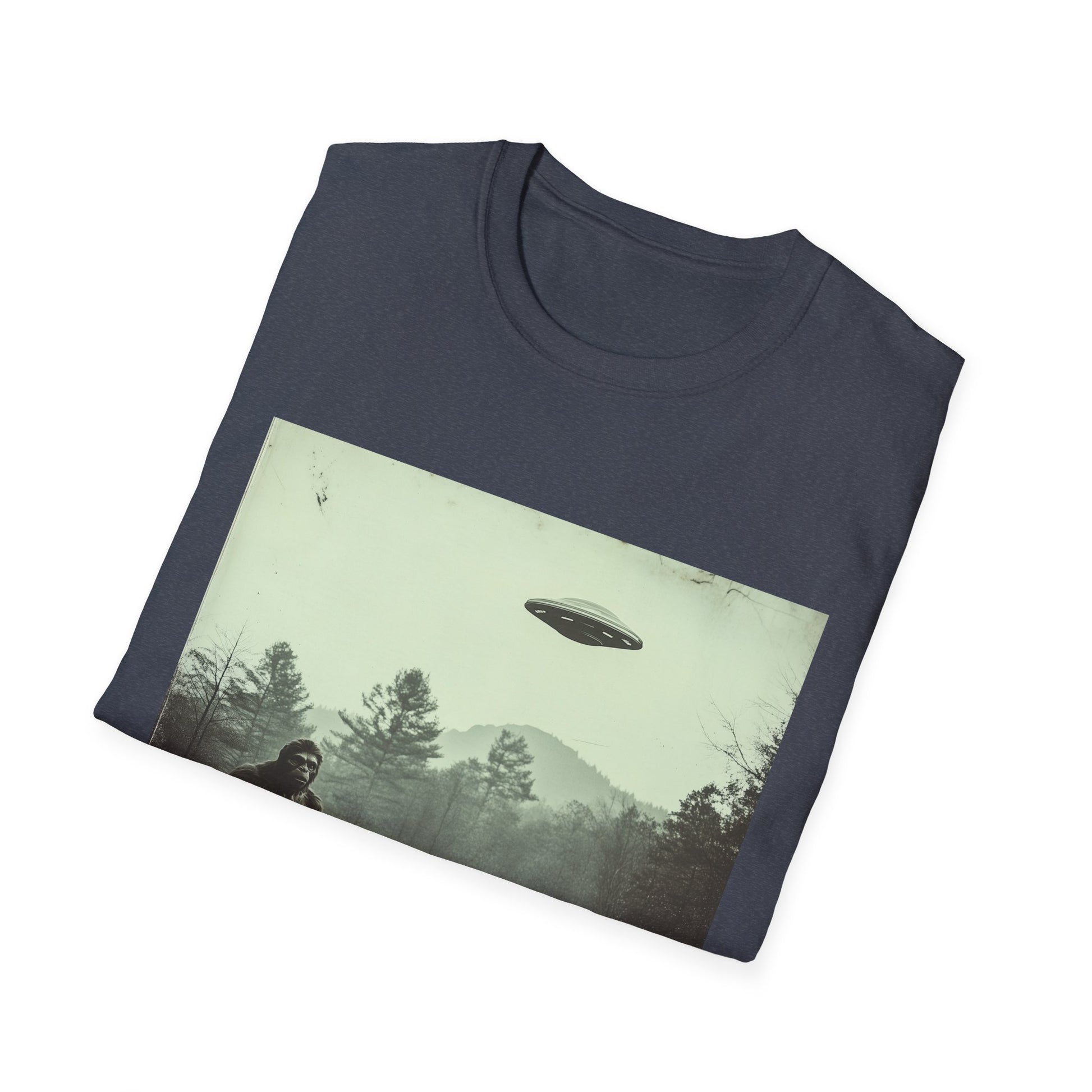 Bigfoot & UFO Unisex T-Shirt, Sasquatch Alien Tee, Cryptid Spaceship Shirt, Extraterrestrial Fantasy Clothing, Funny Yeti Top