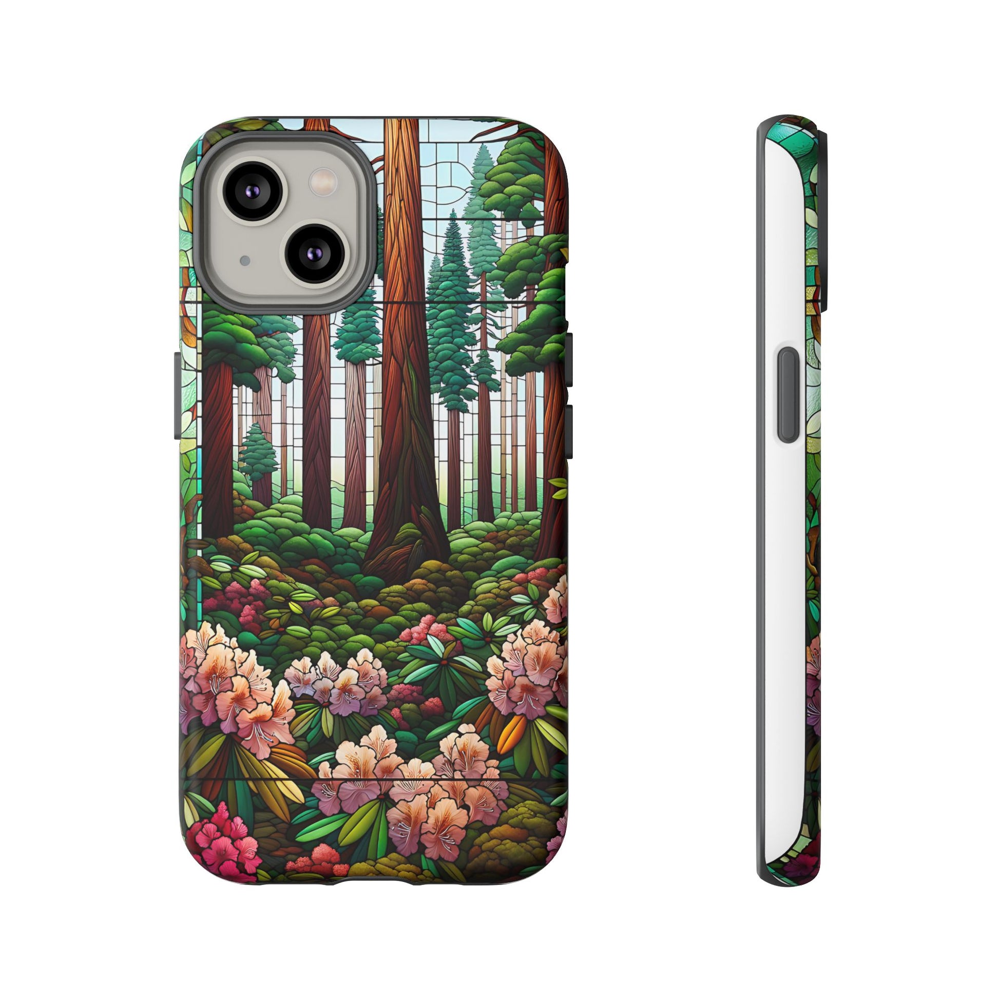 Nature Inspired Tough Cases - Redwood Trees & Rhododendrons Stained Glass iPhone Cover, Protective Phone Shell, Unique Samsung Galaxy Case,