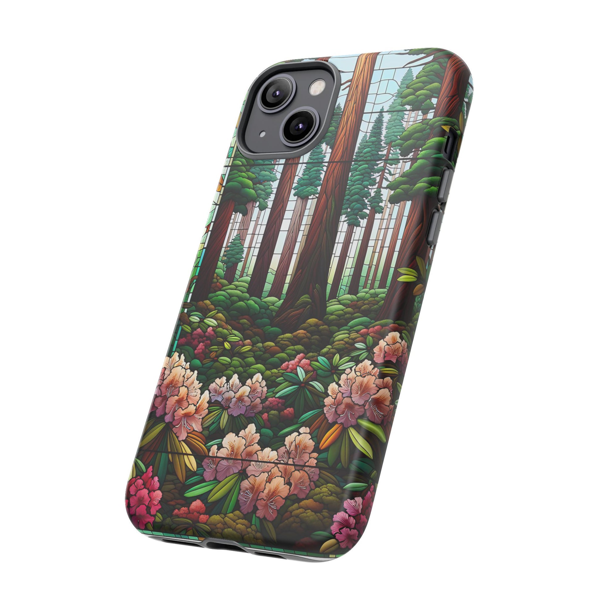 Nature Inspired Tough Cases - Redwood Trees & Rhododendrons Stained Glass iPhone Cover, Protective Phone Shell, Unique Samsung Galaxy Case,