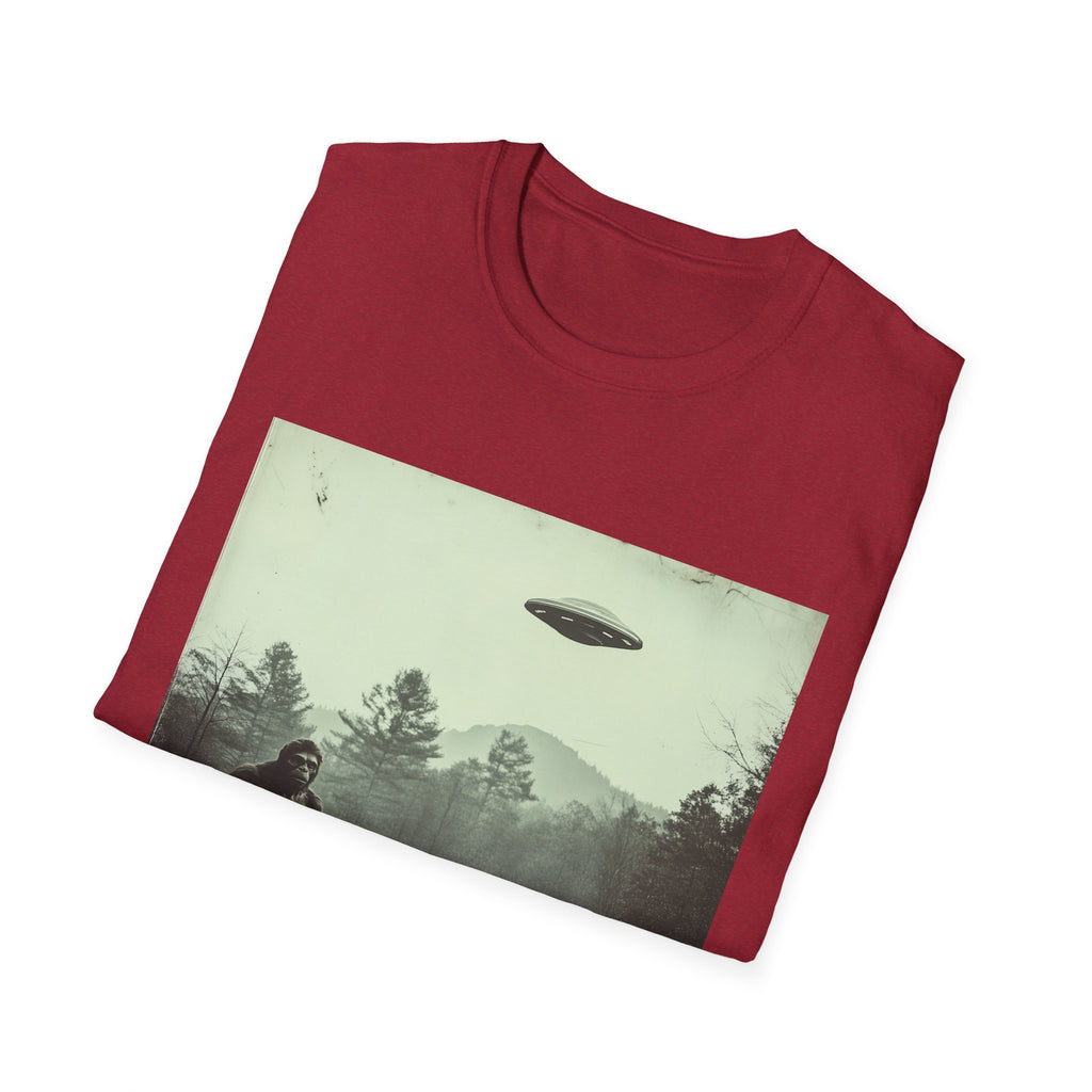Bigfoot & UFO Unisex T-Shirt, Sasquatch Alien Tee, Cryptid Spaceship Shirt, Extraterrestrial Fantasy Clothing, Funny Yeti Top
