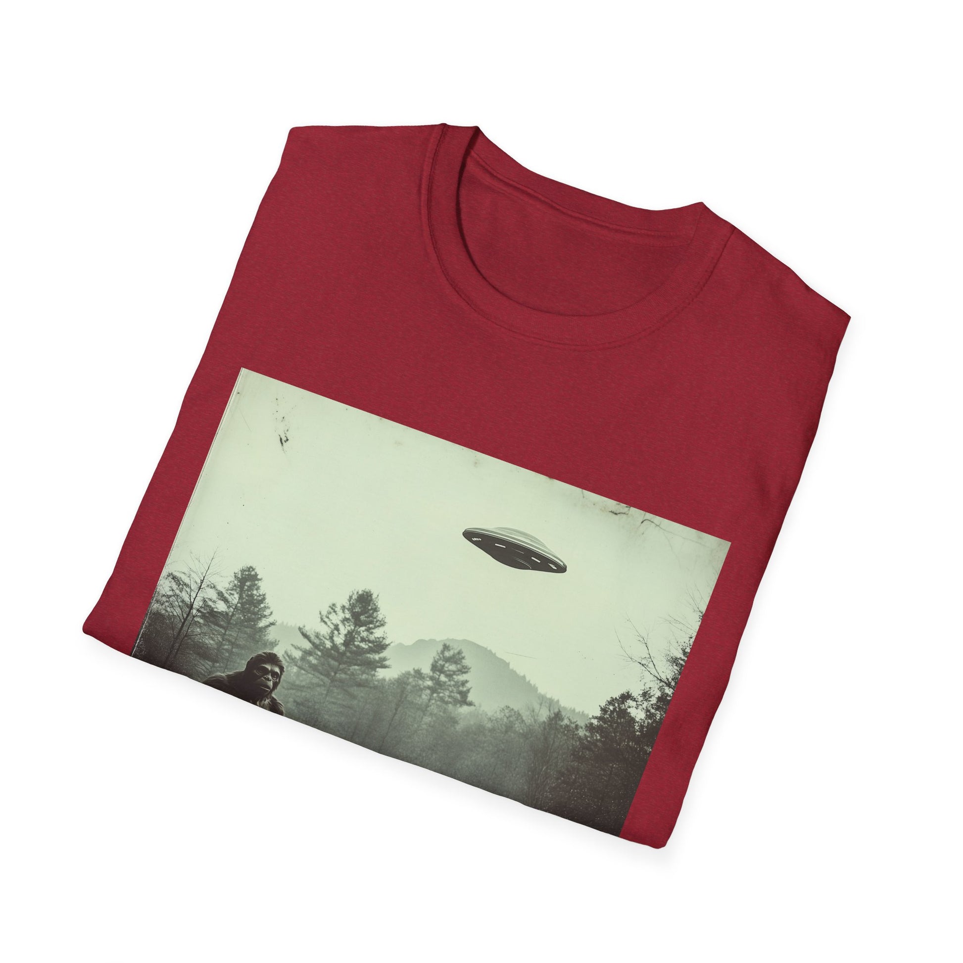 Bigfoot & UFO Unisex T-Shirt, Sasquatch Alien Tee, Cryptid Spaceship Shirt, Extraterrestrial Fantasy Clothing, Funny Yeti Top