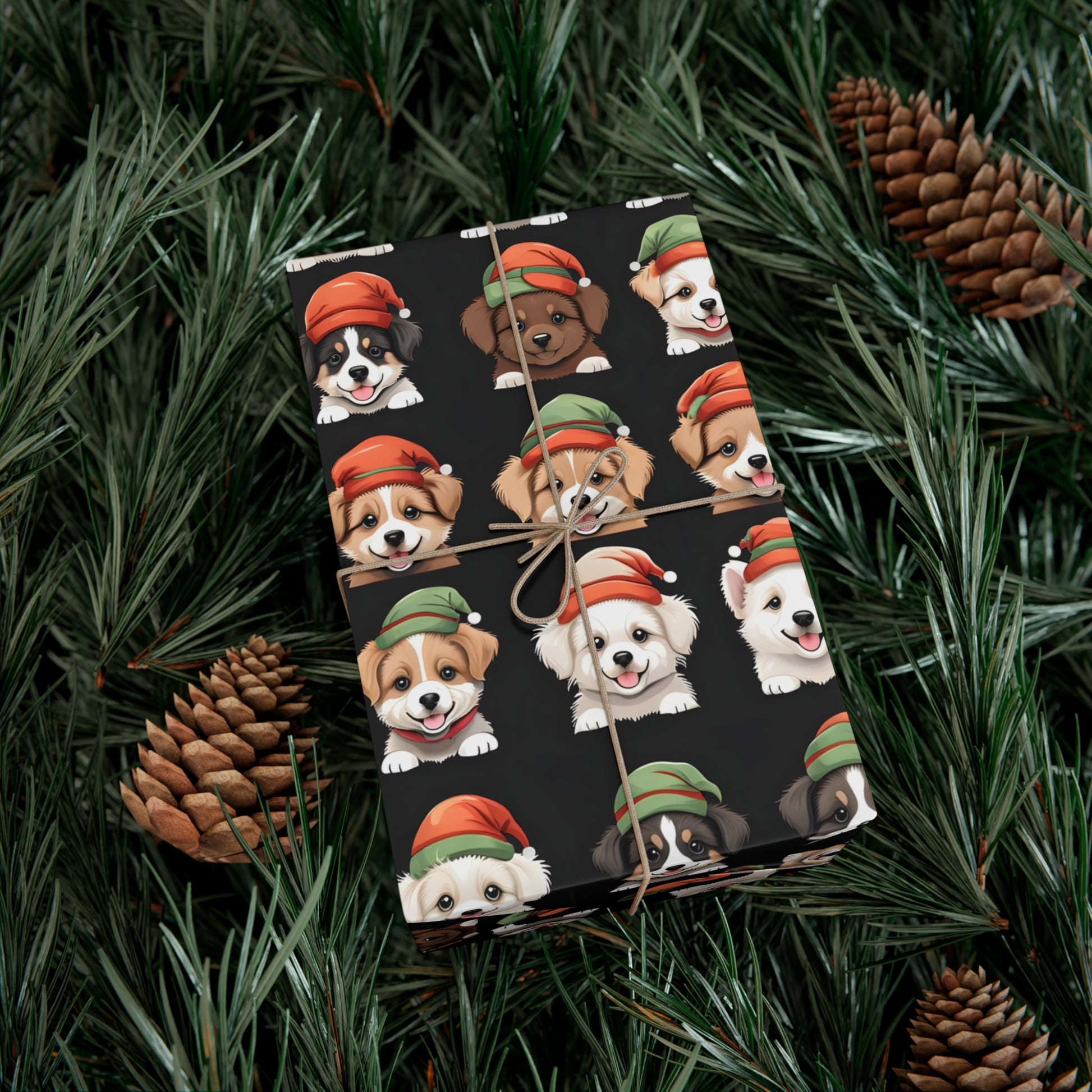 Cute Puppies Elf Caps Gift Wrap Papers - Festive Christmas Wrapping Paper Roll, Holiday Gift Packaging, Adorable Dog Lover Gift Wrap, Pet