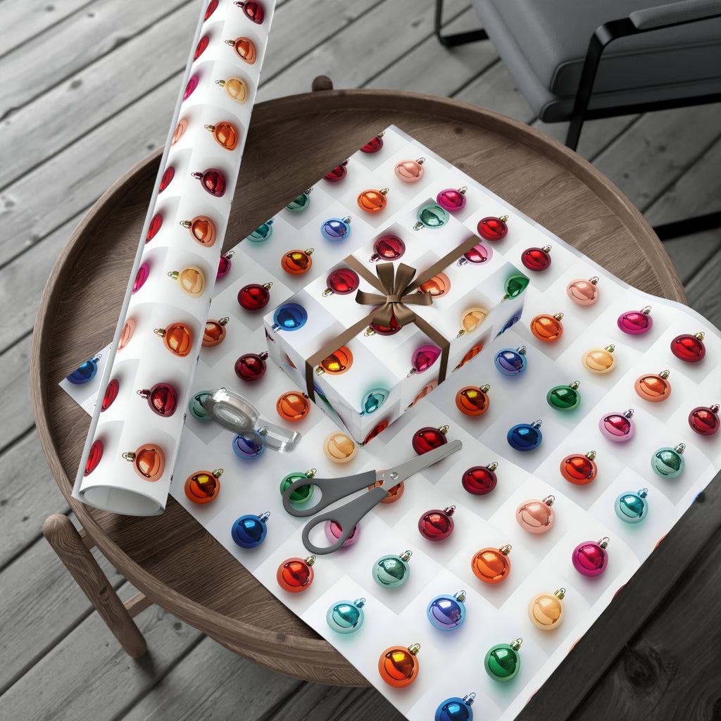 Wrapping Paper, Vibrant Christmas Ornaments On White Background - Gift Wrap Rolls, Eco-Friendly Gift Wrap, Holiday