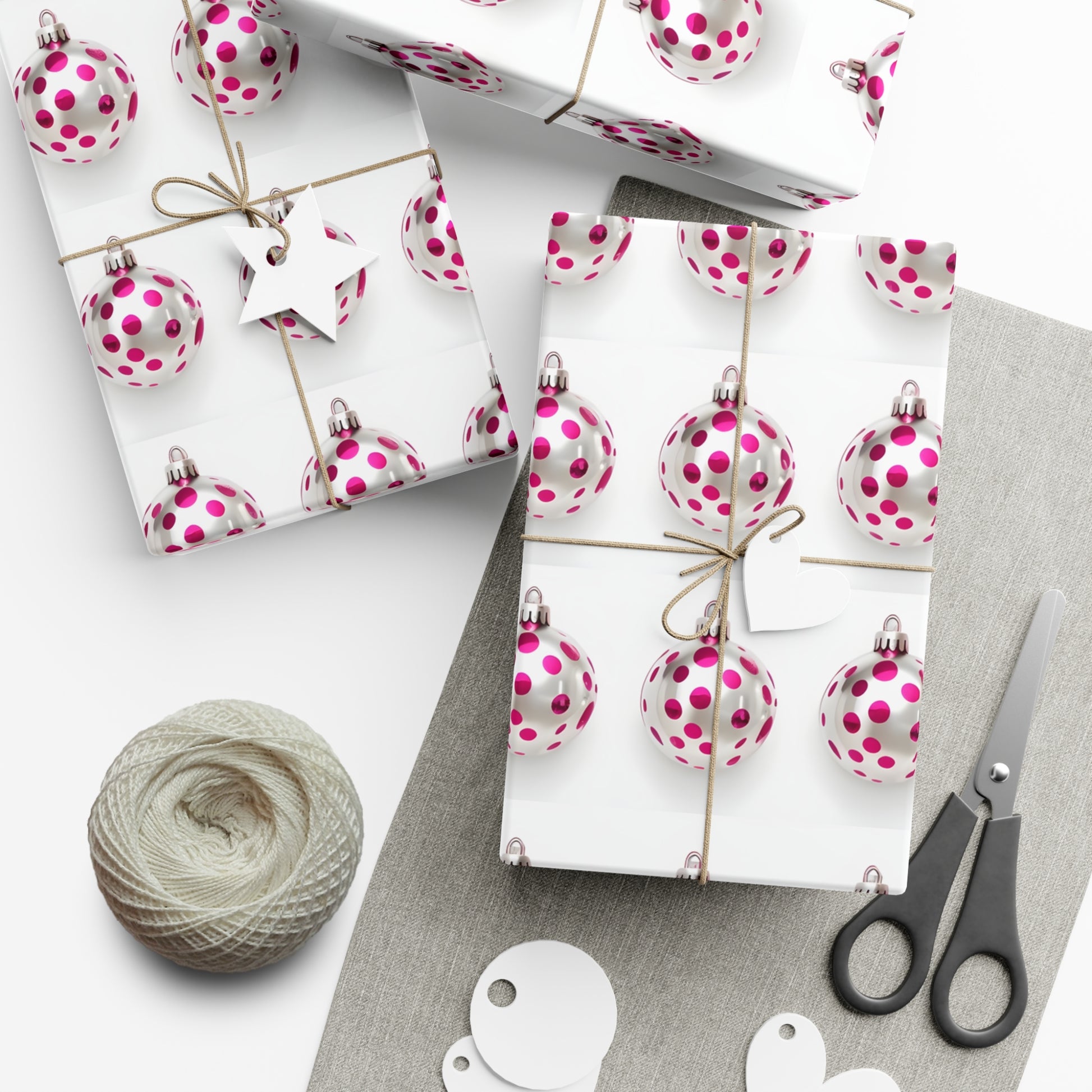 Wrapping Paper, Hot Pink Polka Dot Christmas Ornaments On White Background - Gift Wrap Rolls, Eco-Friendly Gift Wrap, Holiday