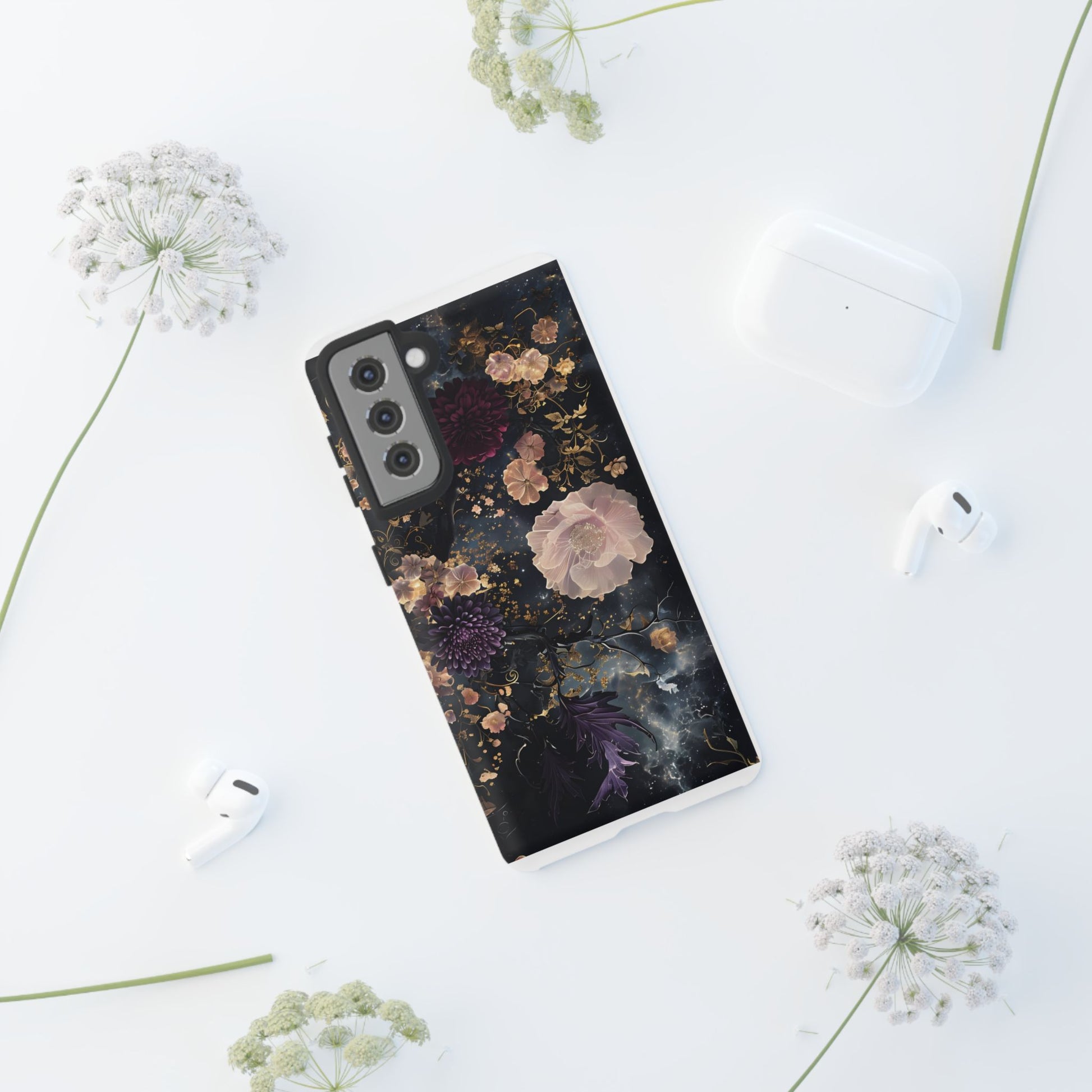 Phone Case, Whimsical Floral Pattern Against Cosmic Nebulous Background. Galaxy, Space, Tough Protective Cover, Unique Gift, Trendy