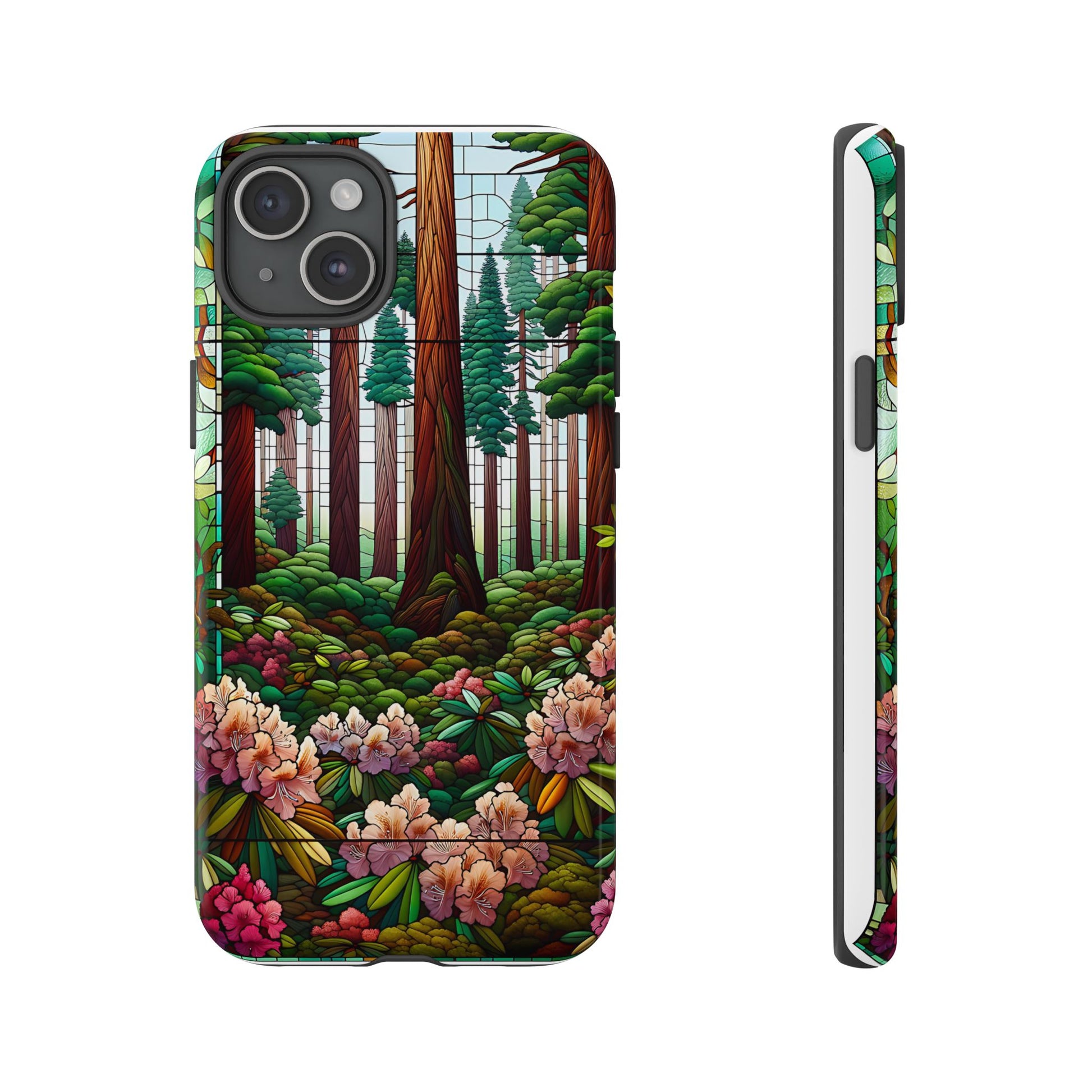 Nature Inspired Tough Cases - Redwood Trees & Rhododendrons Stained Glass iPhone Cover, Protective Phone Shell, Unique Samsung Galaxy Case,