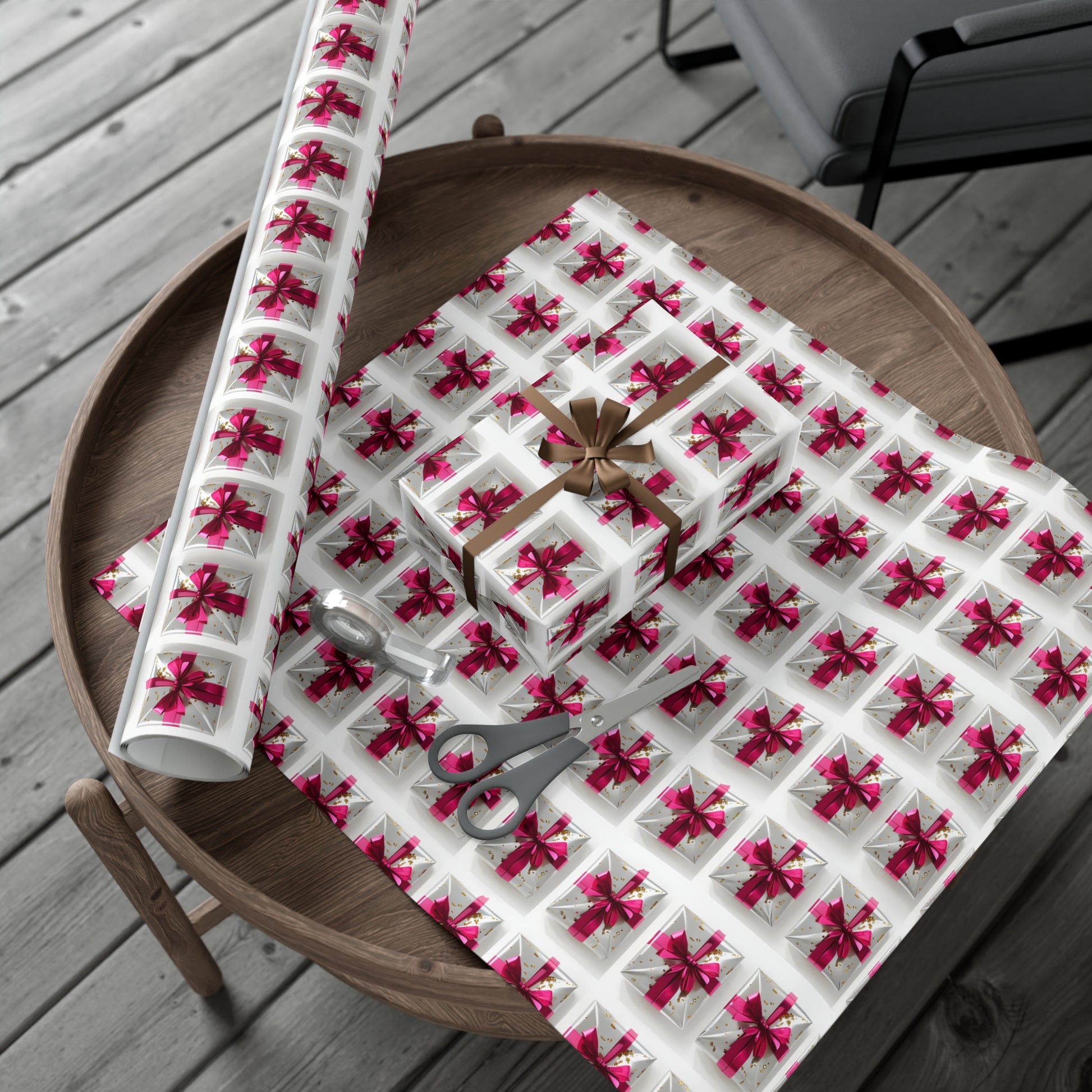 Wrapping Paper, Elegantly Wrapped Gifts On White Background with Hot Pink Bows - Gift Wrap Rolls, Eco-Friendly Gift Wrap, Holiday