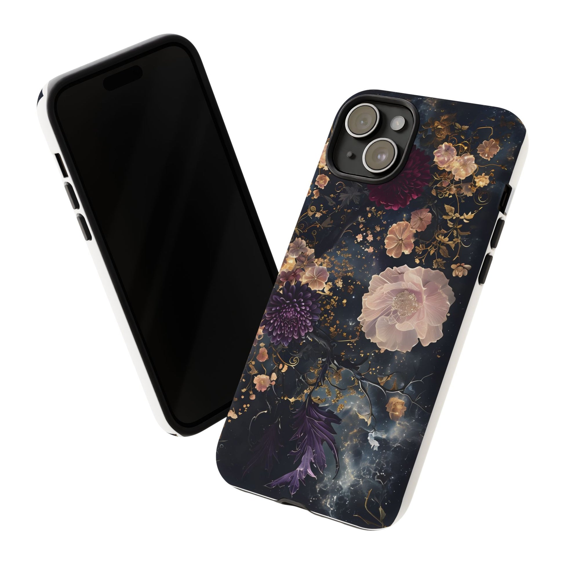 Phone Case, Whimsical Floral Pattern Against Cosmic Nebulous Background. Galaxy, Space, Tough Protective Cover, Unique Gift, Trendy