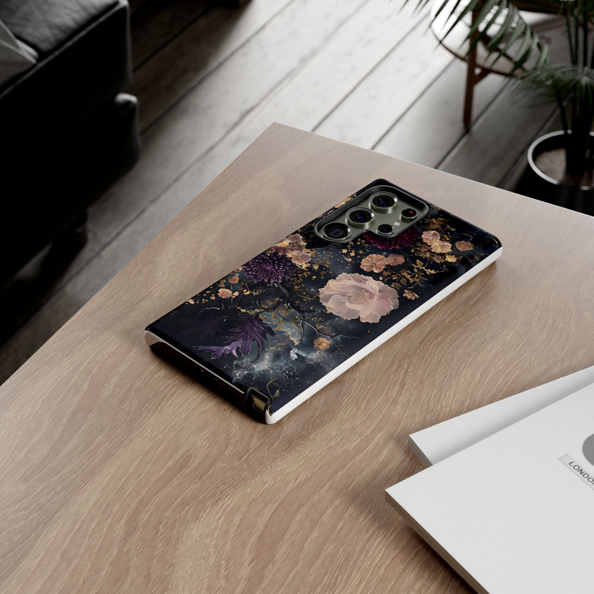 Phone Case, Whimsical Floral Pattern Against Cosmic Nebulous Background. Galaxy, Space, Tough Protective Cover, Unique Gift, Trendy