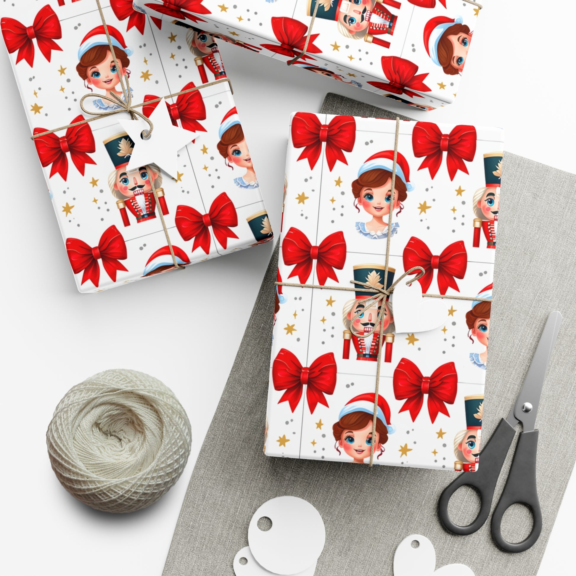 Wrapping Paper, Festive Cartoon Nutcracker And Clara Pattern With Bows - Gift Wrap Rolls, Eco-Friendly Gift Wrap, Holiday Season Wrapping
