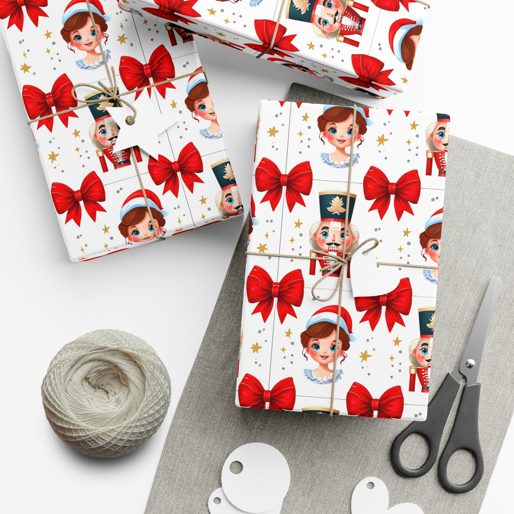 Wrapping Paper, Festive Cartoon Nutcracker And Clara Pattern With Bows - Gift Wrap Rolls, Eco-Friendly Gift Wrap, Holiday Season Wrapping