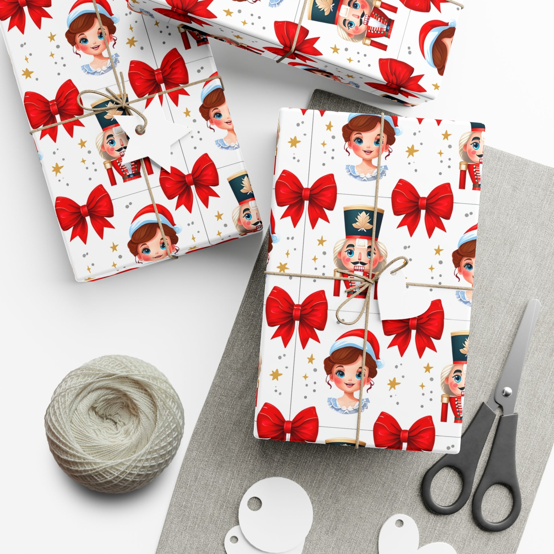 Wrapping Paper, Festive Cartoon Nutcracker And Clara Pattern With Bows - Gift Wrap Rolls, Eco-Friendly Gift Wrap, Holiday Season Wrapping