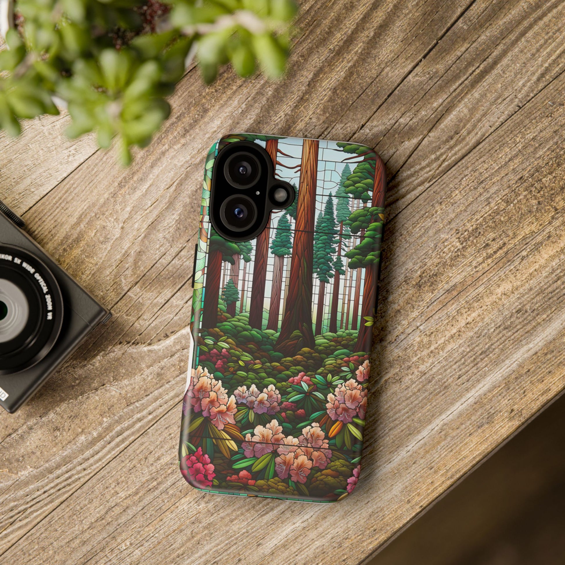 Nature Inspired Tough Cases - Redwood Trees & Rhododendrons Stained Glass iPhone Cover, Protective Phone Shell, Unique Samsung Galaxy Case,