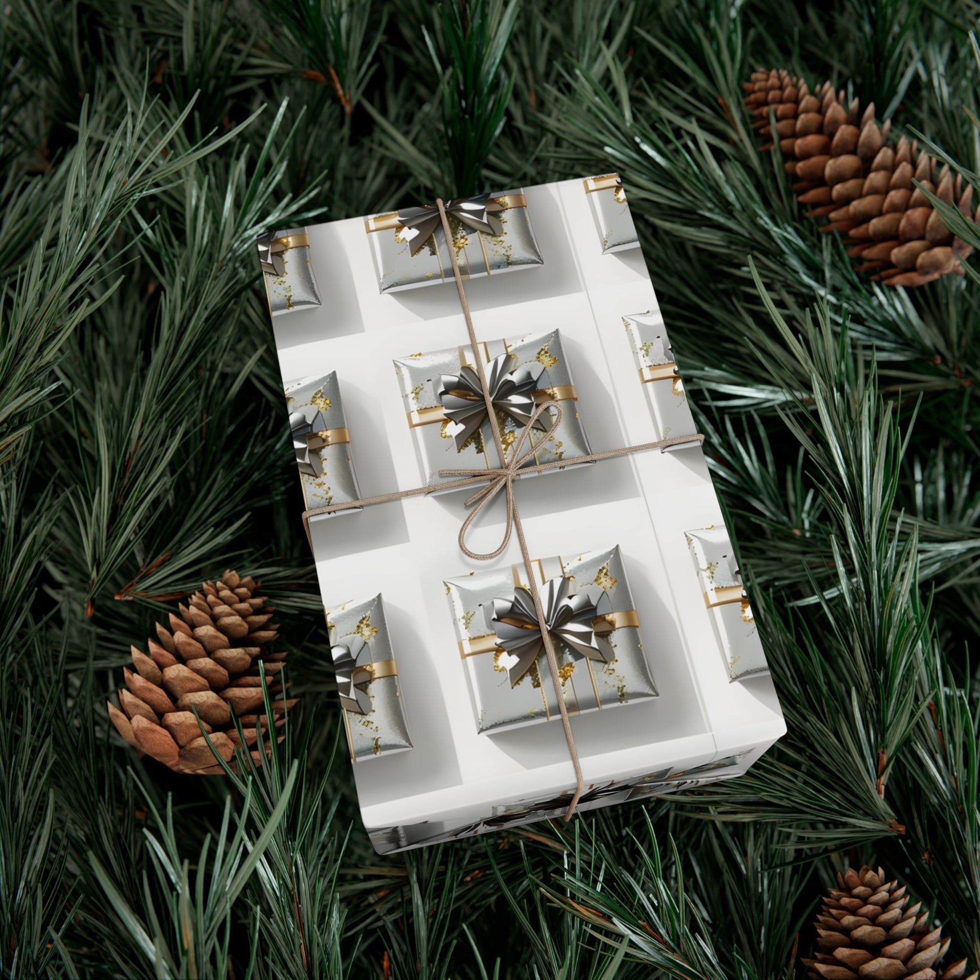 Wrapping Paper, Elegantly Wrapped Gifts On White Background with Silver & Gold Bows - Gift Wrap Rolls, Eco-Friendly Gift Wrap, Holiday