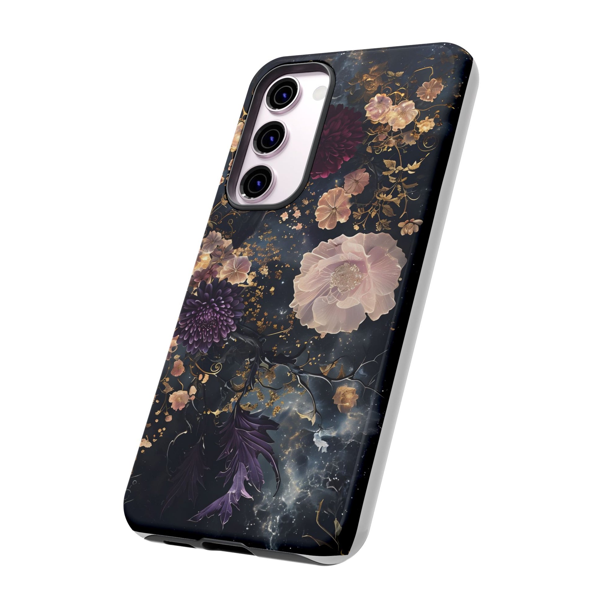 Phone Case, Whimsical Floral Pattern Against Cosmic Nebulous Background. Galaxy, Space, Tough Protective Cover, Unique Gift, Trendy