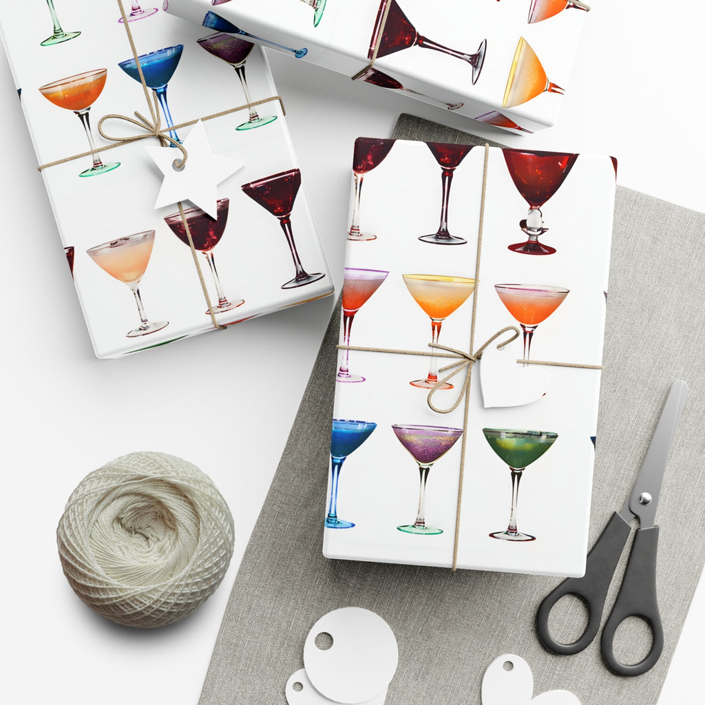 Wrapping Paper, Colorful Cocktails On White Background - Gift Wrap Rolls, Eco-Friendly Gift Wrap, Holiday
