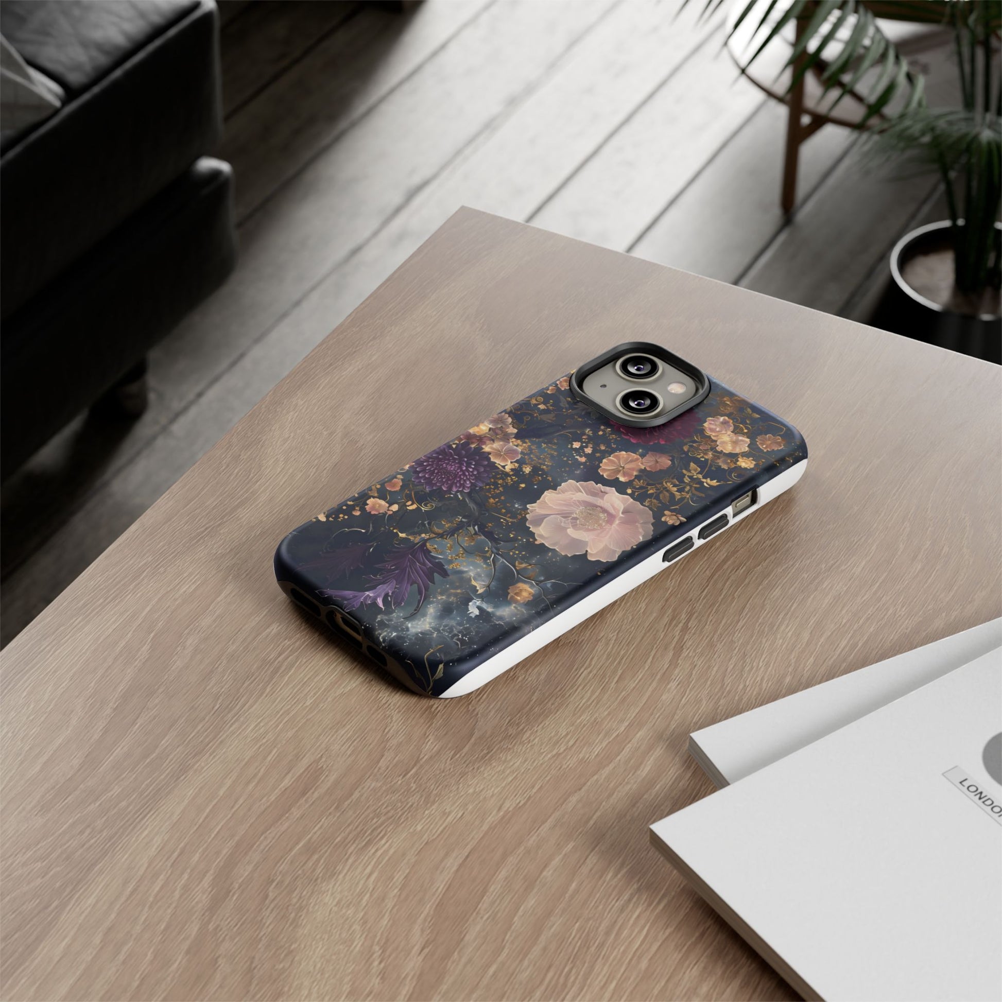 Phone Case, Whimsical Floral Pattern Against Cosmic Nebulous Background. Galaxy, Space, Tough Protective Cover, Unique Gift, Trendy