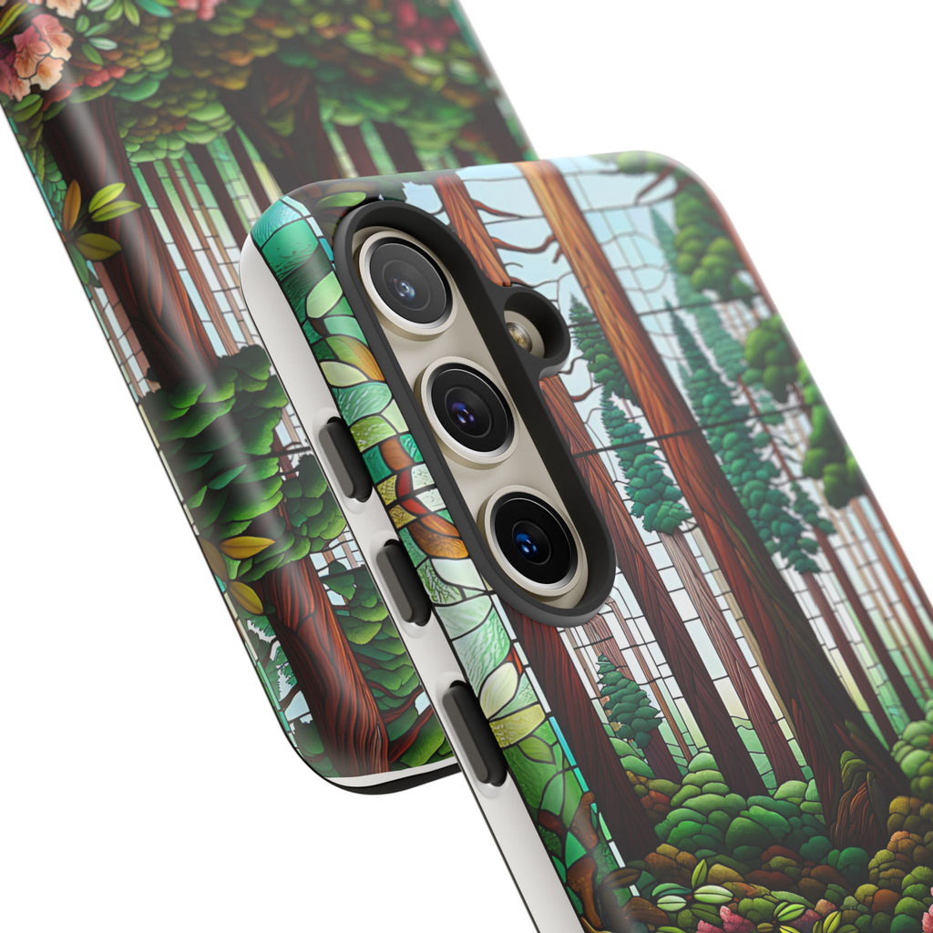 Nature Inspired Tough Cases - Redwood Trees & Rhododendrons Stained Glass iPhone Cover, Protective Phone Shell, Unique Samsung Galaxy Case,