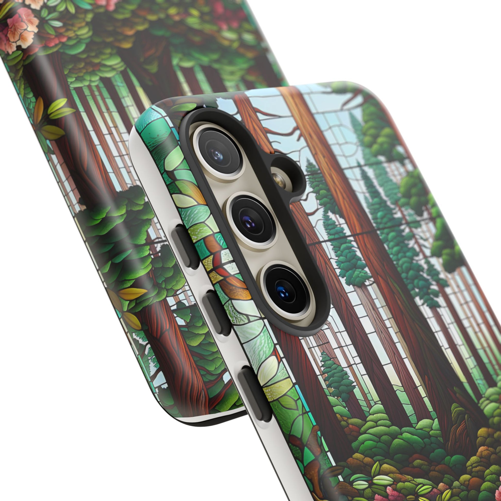 Nature Inspired Tough Cases - Redwood Trees & Rhododendrons Stained Glass iPhone Cover, Protective Phone Shell, Unique Samsung Galaxy Case,